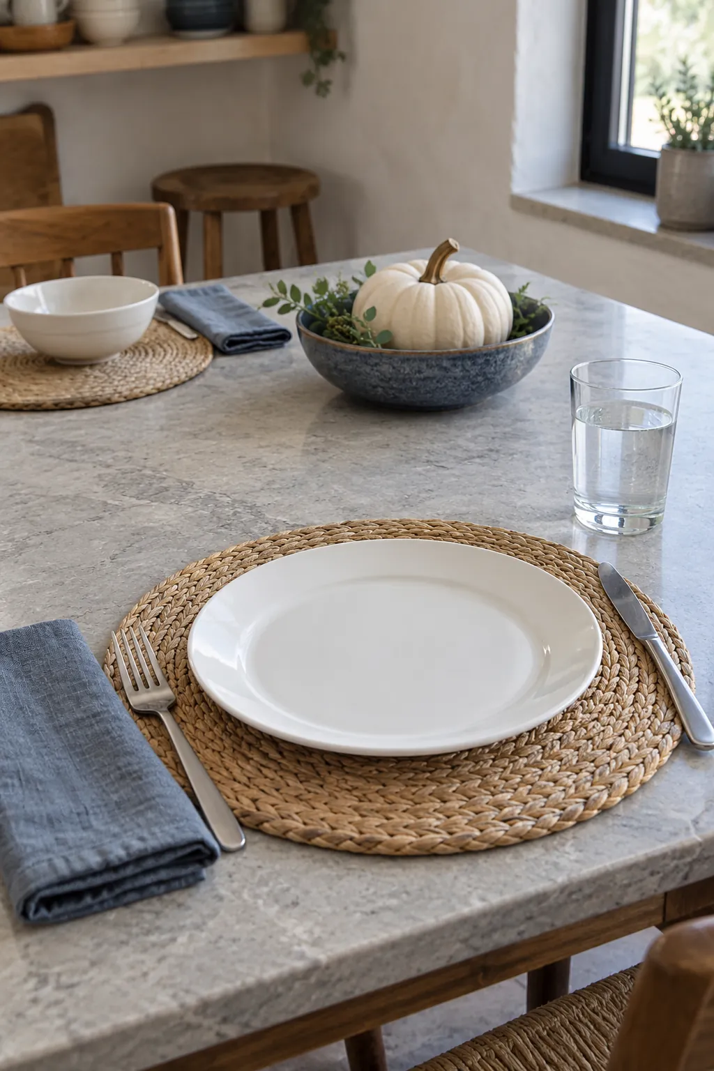 White Plates on Woven Placemats for a blue and white Thanksgiving table
