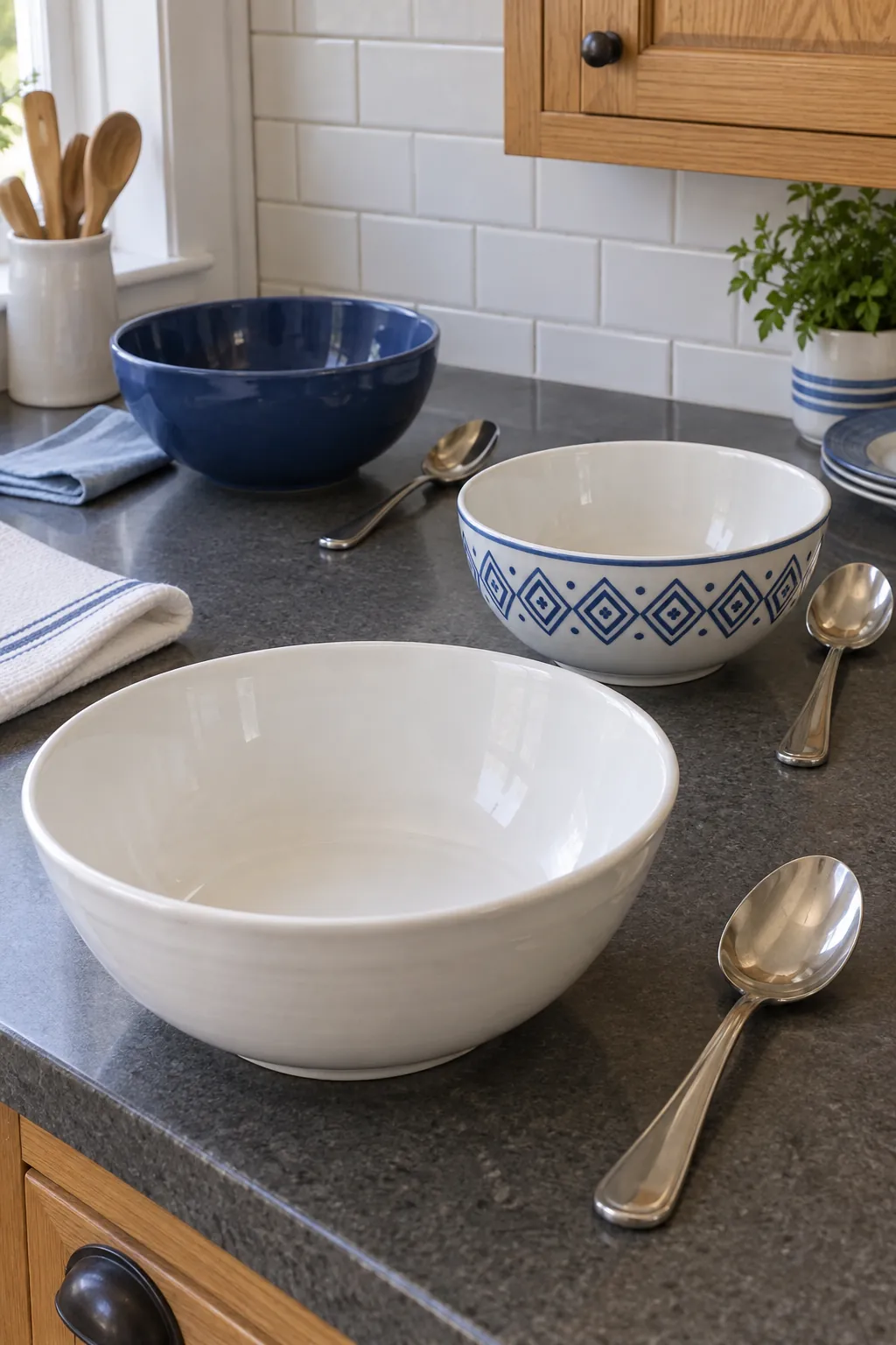 White Serving Bowls with Blue Patterned Pieces for a blue and white Thanksgiving table