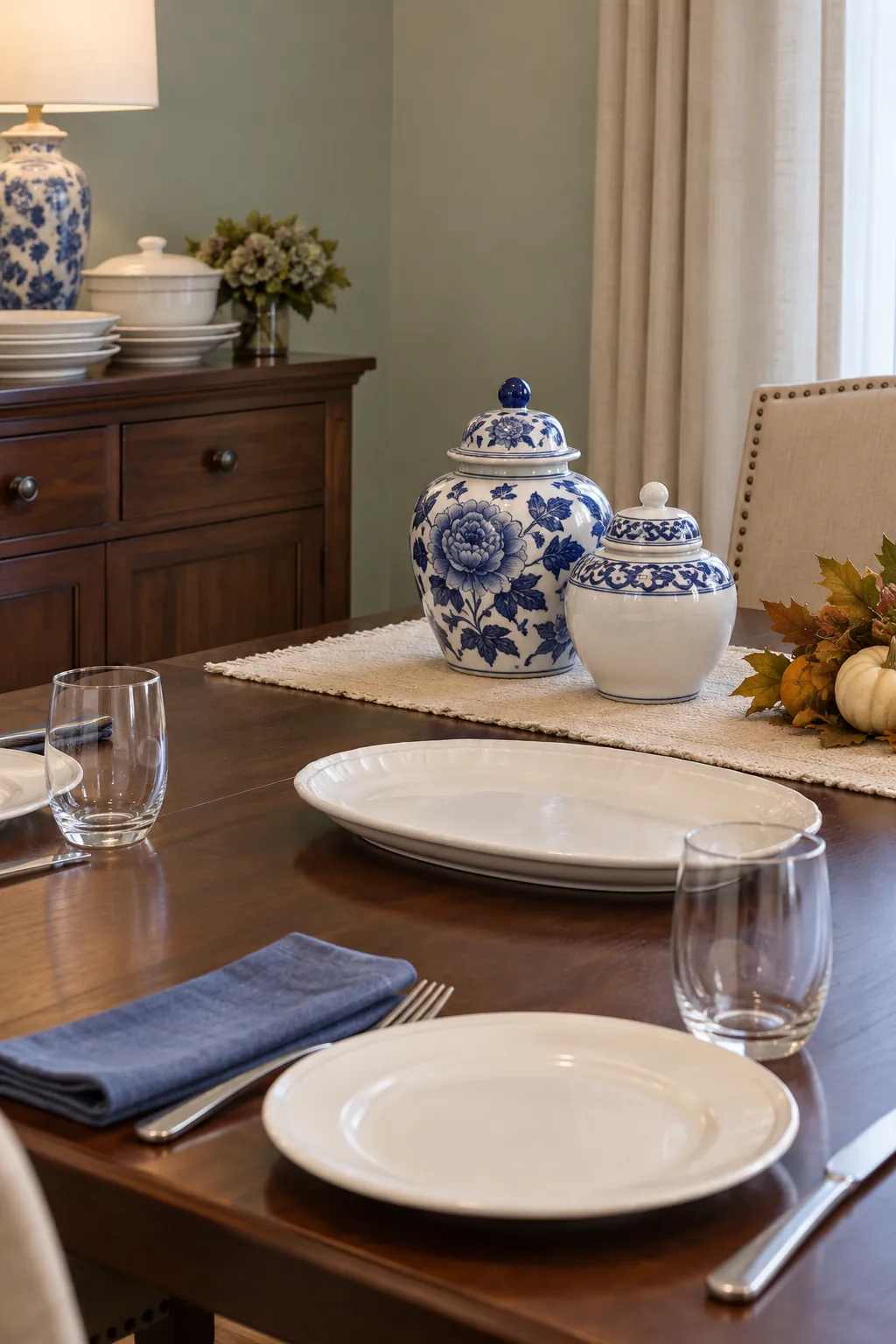 A Small Ginger Jar Group at One End for a blue and white Thanksgiving table
