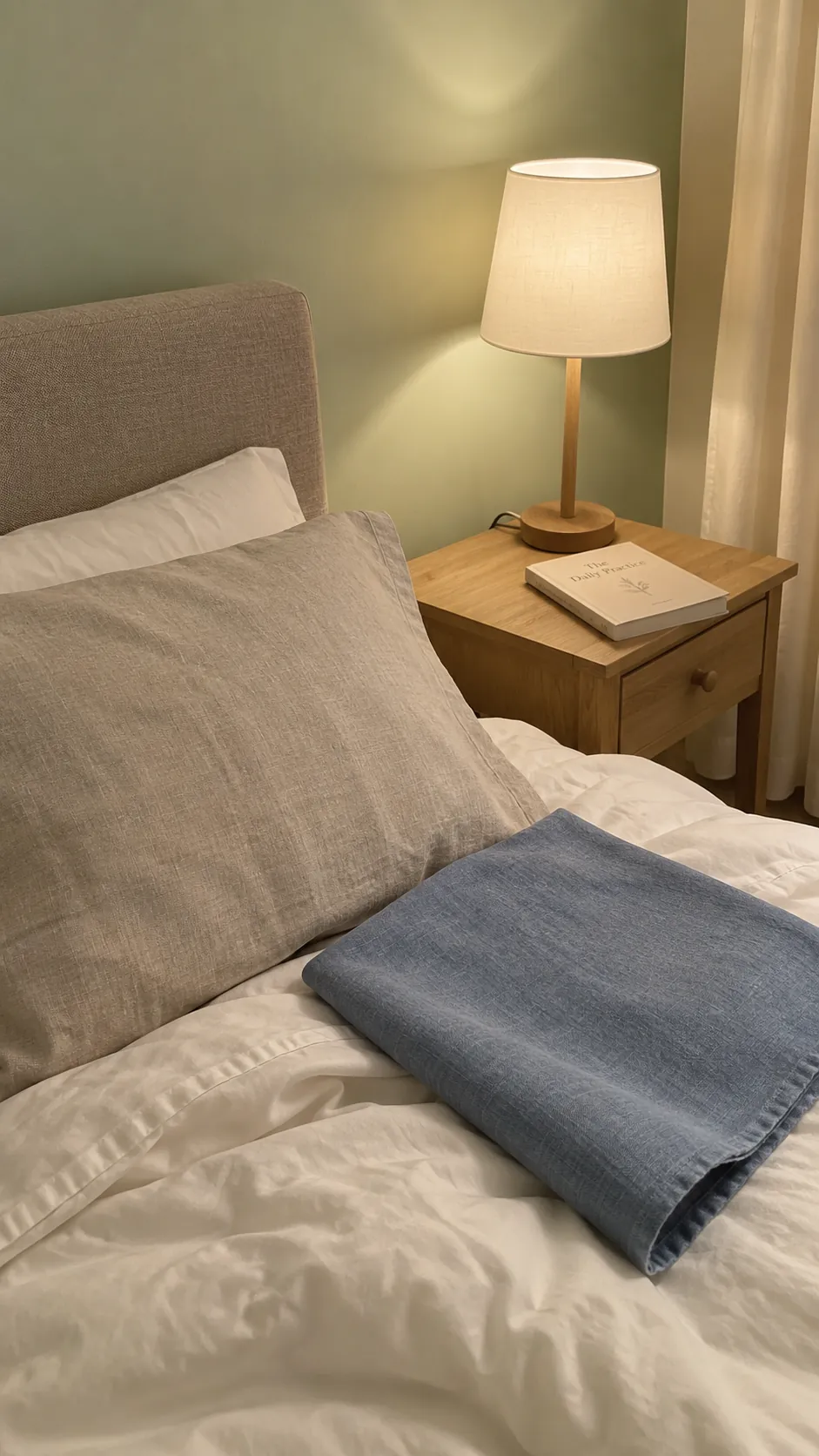 Bedding fabric compared with a green wall under bedside lighting