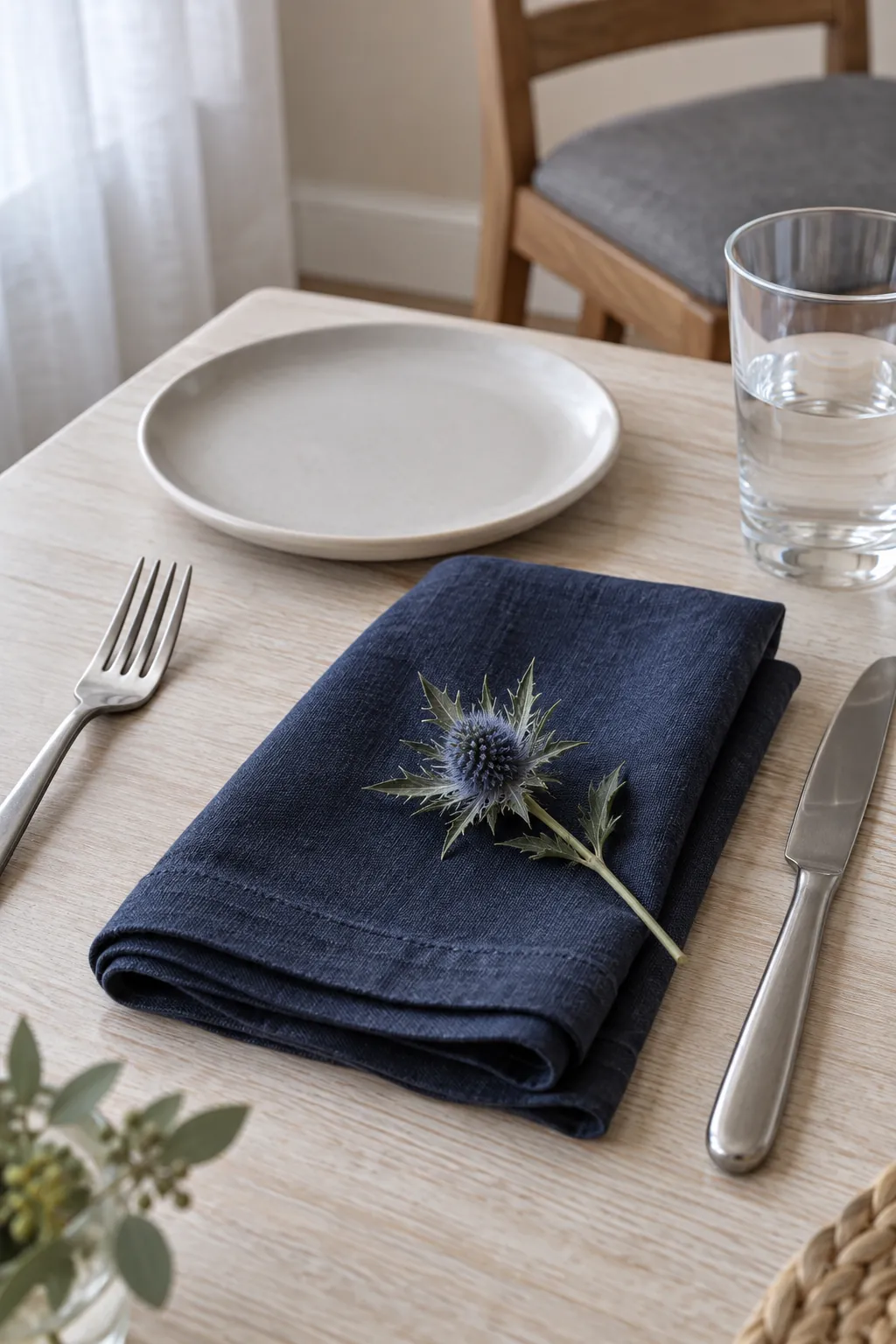 Folded Napkins with Small Blue Thistle Sprigs for a blue and white Thanksgiving table