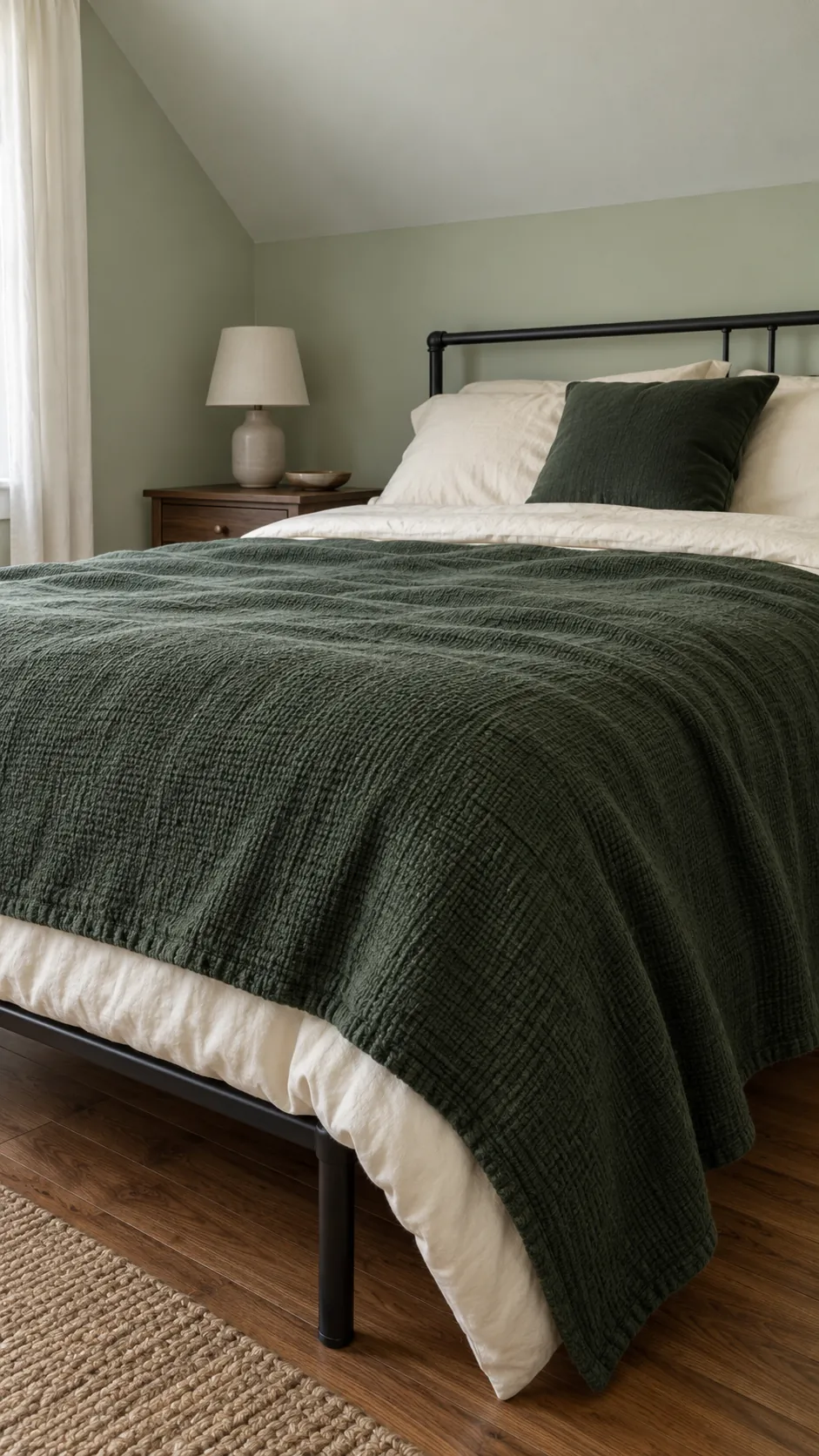 Deep green blanket over ivory sheets beside light green walls