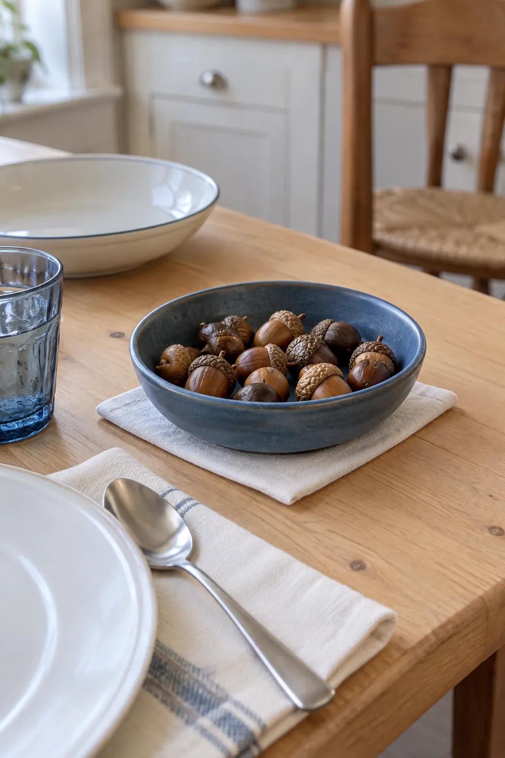A Shallow Blue Bowl of Acorns for a blue and white Thanksgiving table