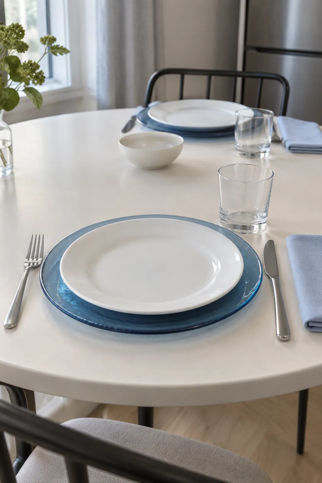 White Plates over Translucent Blue Glass Chargers for a blue and white Thanksgiving table
