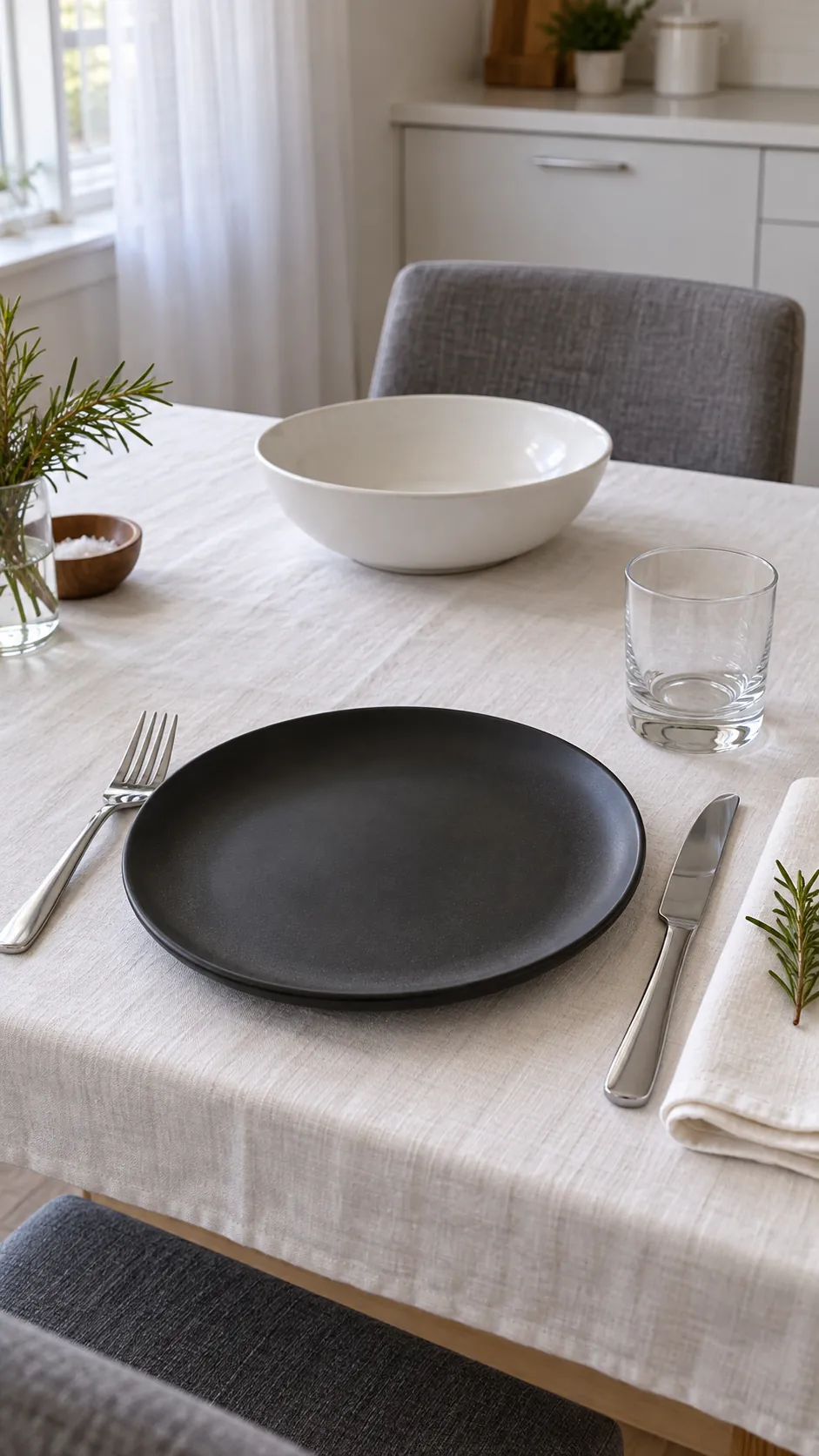 Matte Black Plates with White Linen for a black and white Thanksgiving table