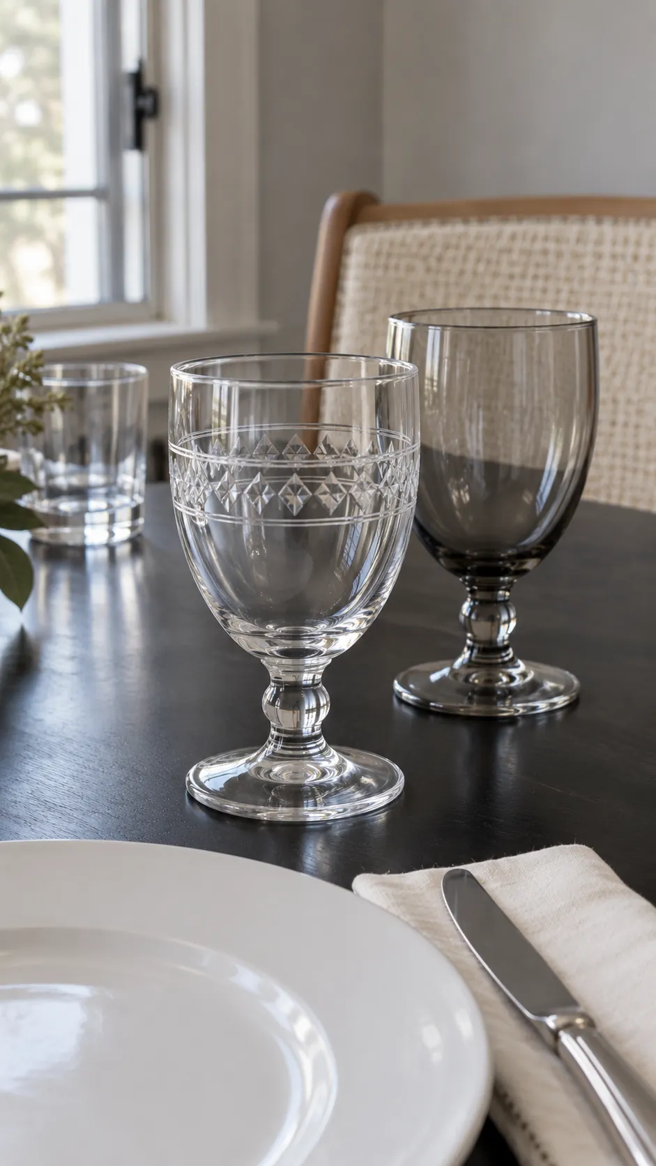 Etched Glasses against a Dark Table for a black and white Thanksgiving table