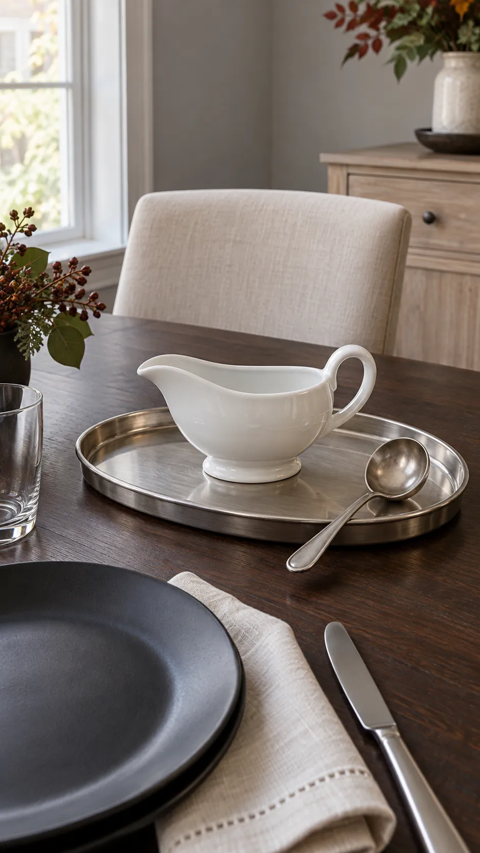 Restrained Silver Accents with Dark Dinnerware for a black and white Thanksgiving table