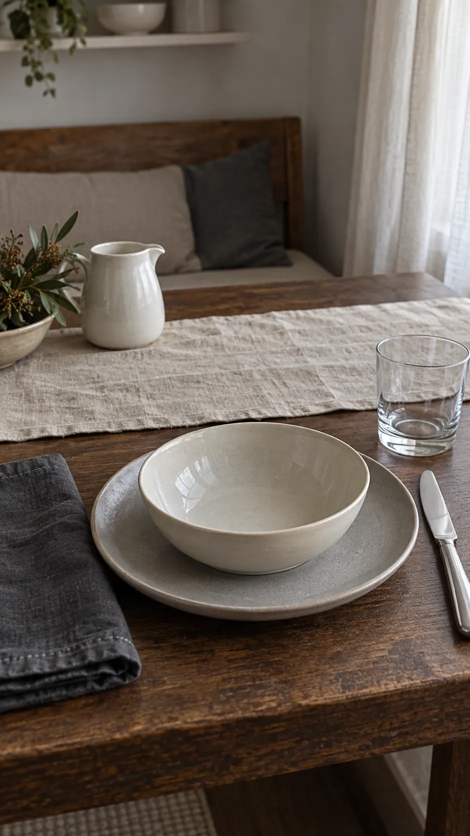 Soft Gray Ceramics with Natural Linen for a black and white Thanksgiving table
