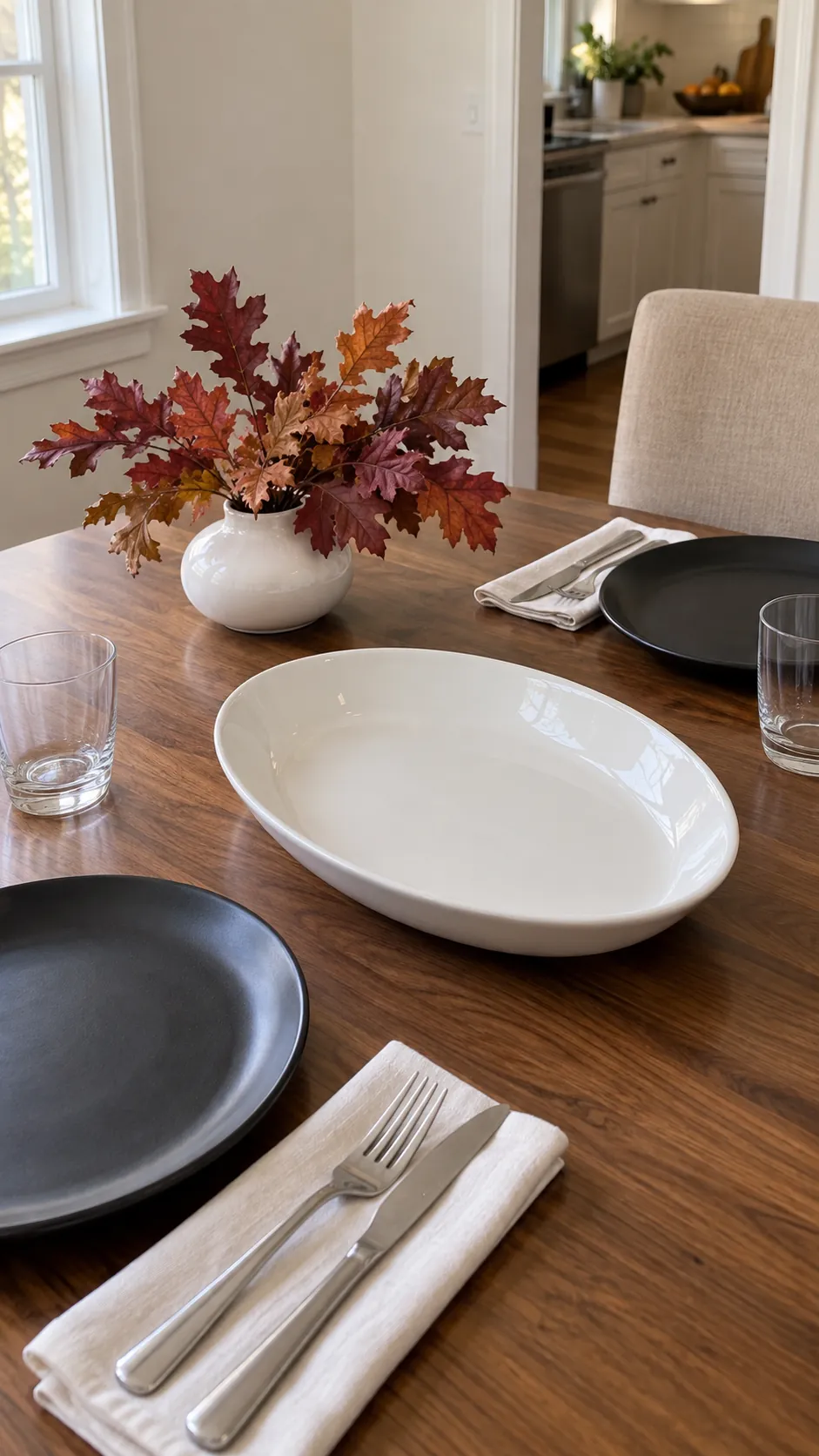 A Reusable Black Base with Low Fall Foliage for a black and white Thanksgiving table