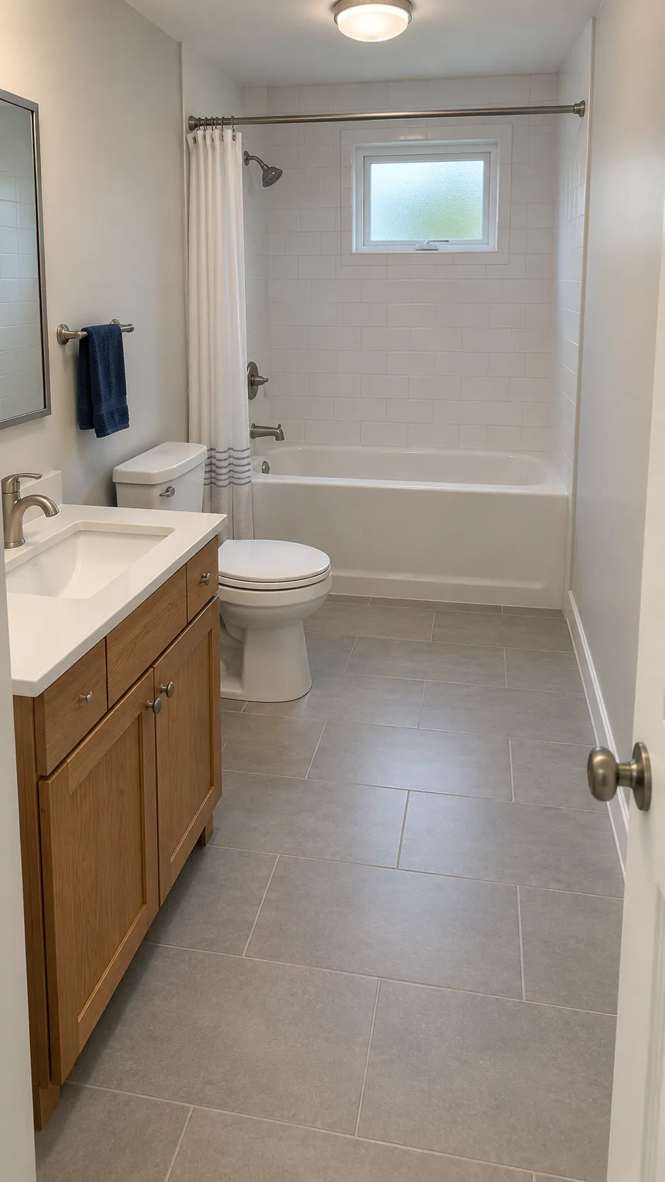 Show how an end wall alcove bathtub and a single plumbing wall make a compact bathroom legible, with the clear route visible from the entrance rather than hidden behind decorations.