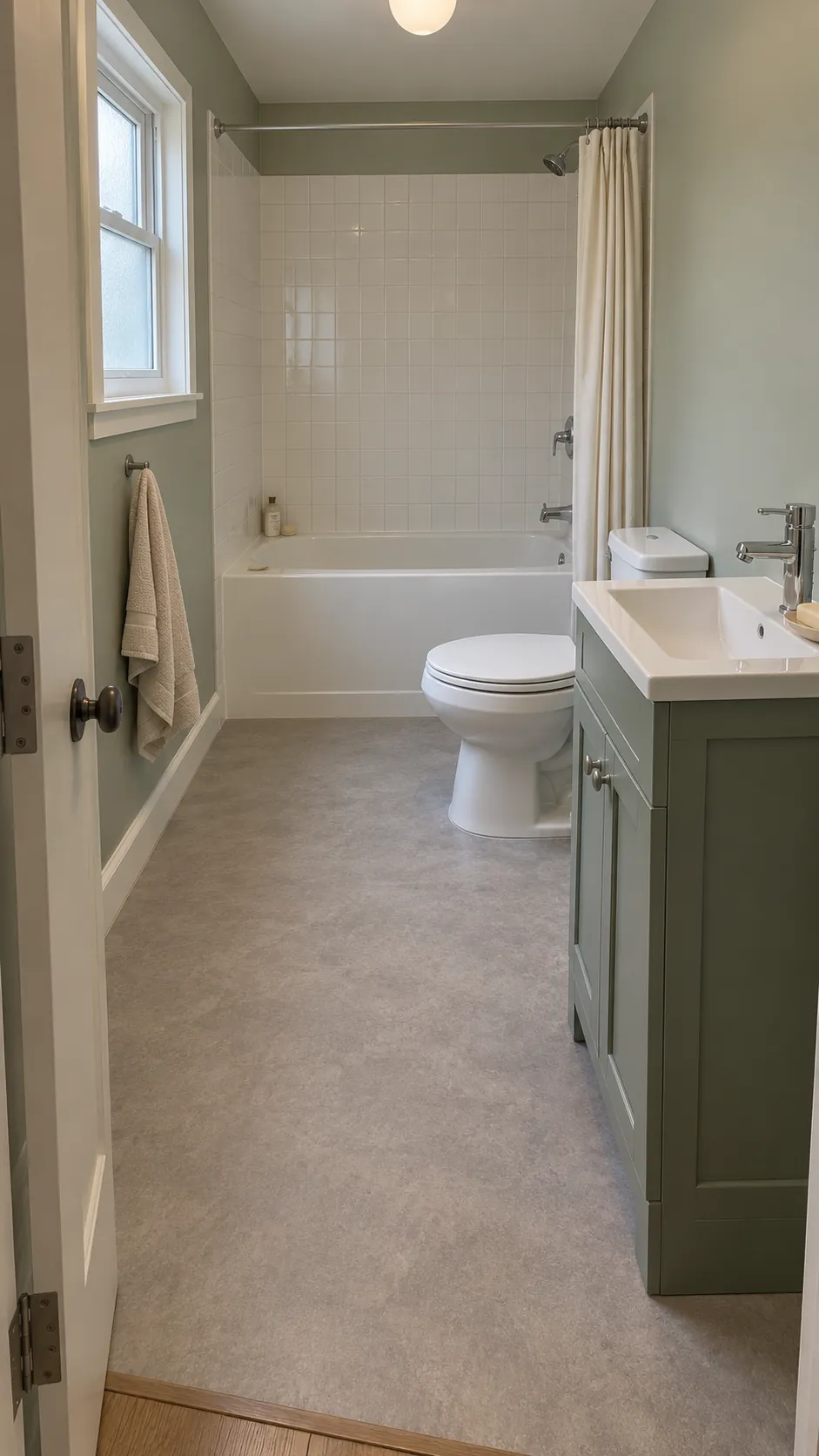 Make the reversed fixture run understandable in a bathroom whose entrance is near the left corner, while retaining the tub across the distant short wall.