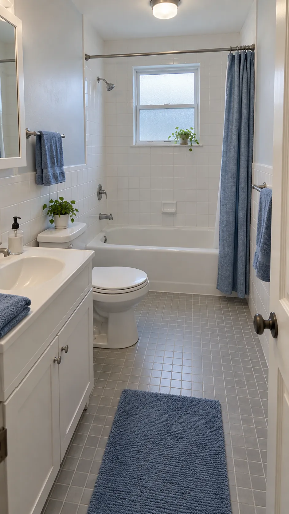 Small bathroom with a full length end wall bathtub and compact fixtures