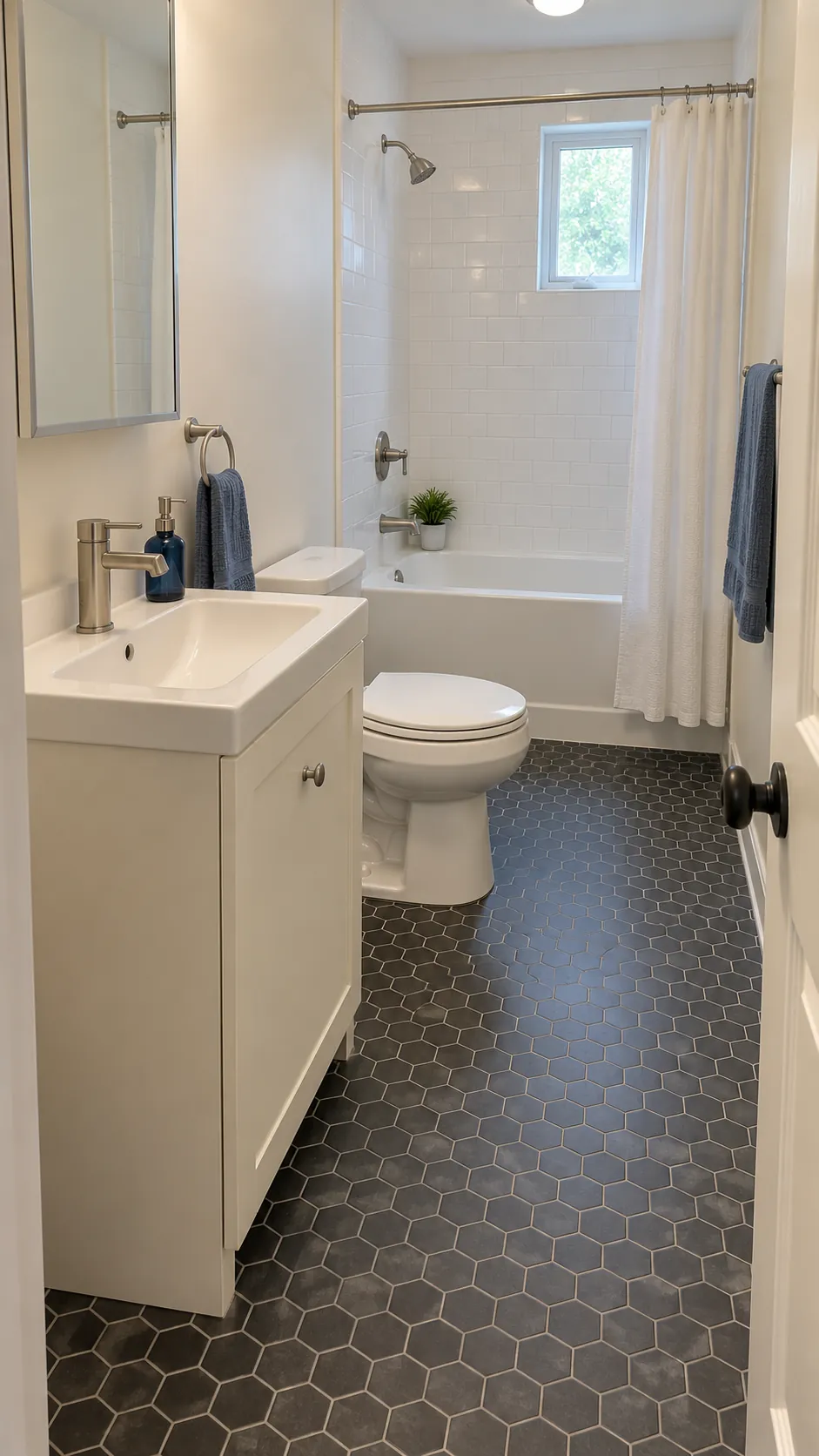 Demonstrate a shallow basin cabinet as a real change to the entrance route while preserving the bathtub at the room end.