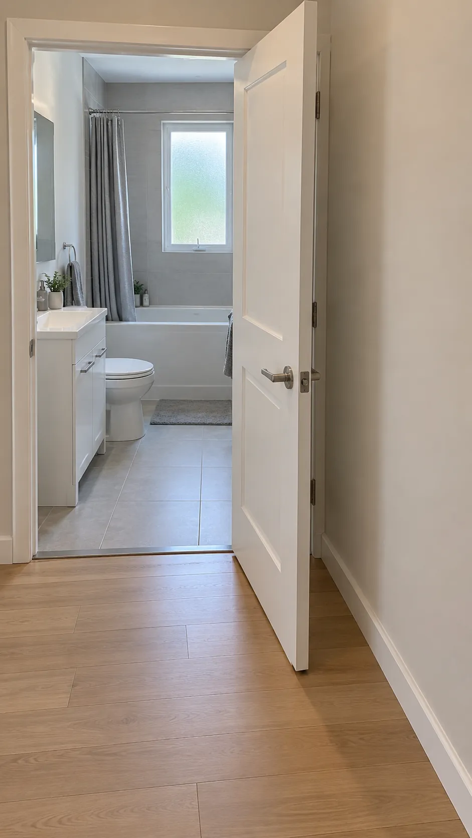 Show the external space needed by an outward opening bathroom entry, together with the compact tub bathroom behind it.