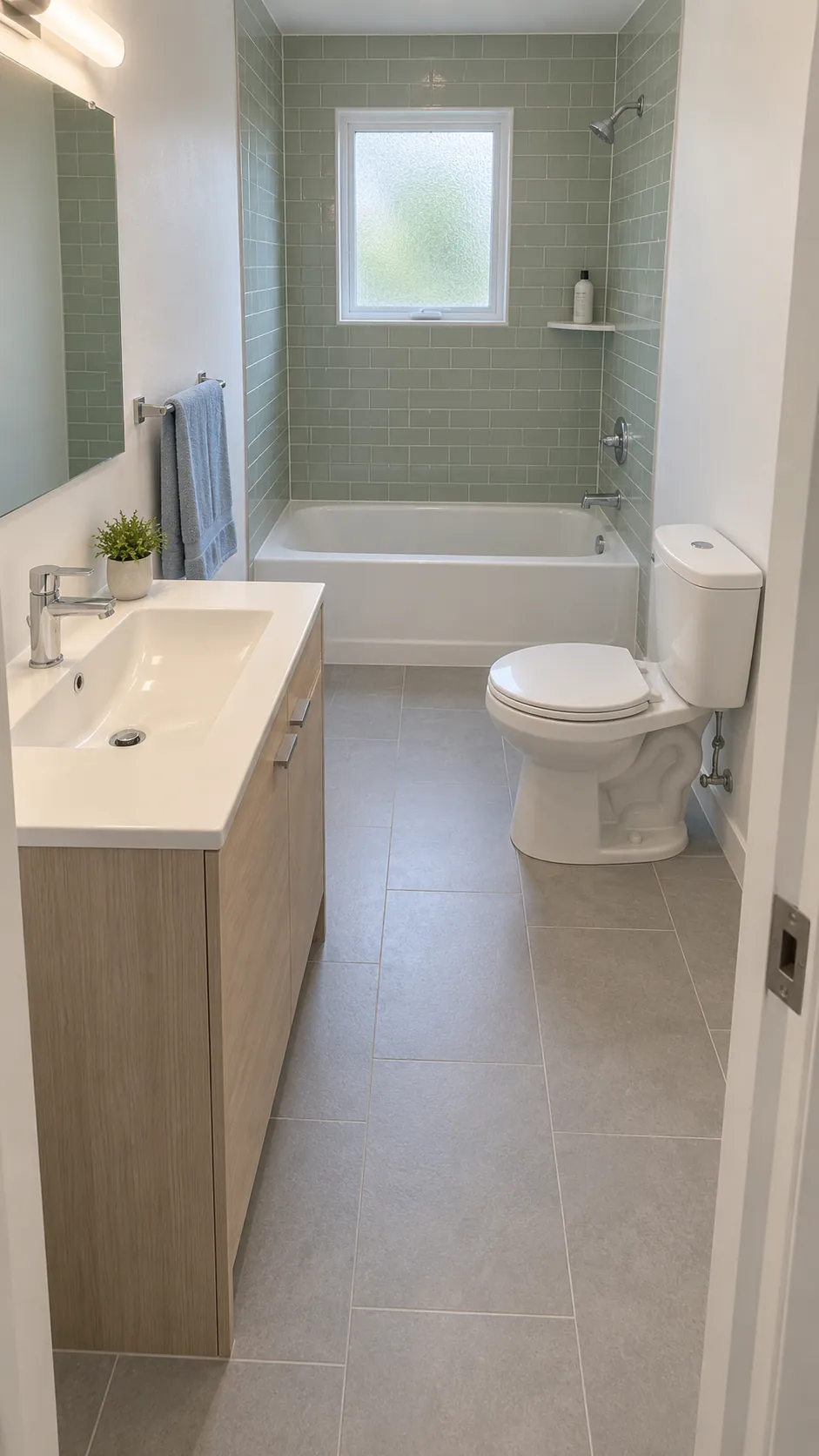 Reveal a split fixture arrangement entered from the long wall, keeping a conventional end bathtub and showing the opposing fronts clearly.