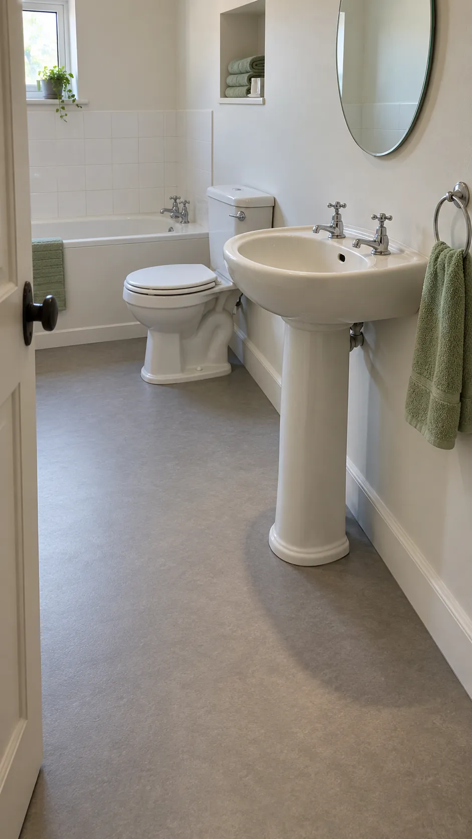 Show the open floor around a pedestal basin near the entrance and distinguish its narrow base from the wider washing bowl.