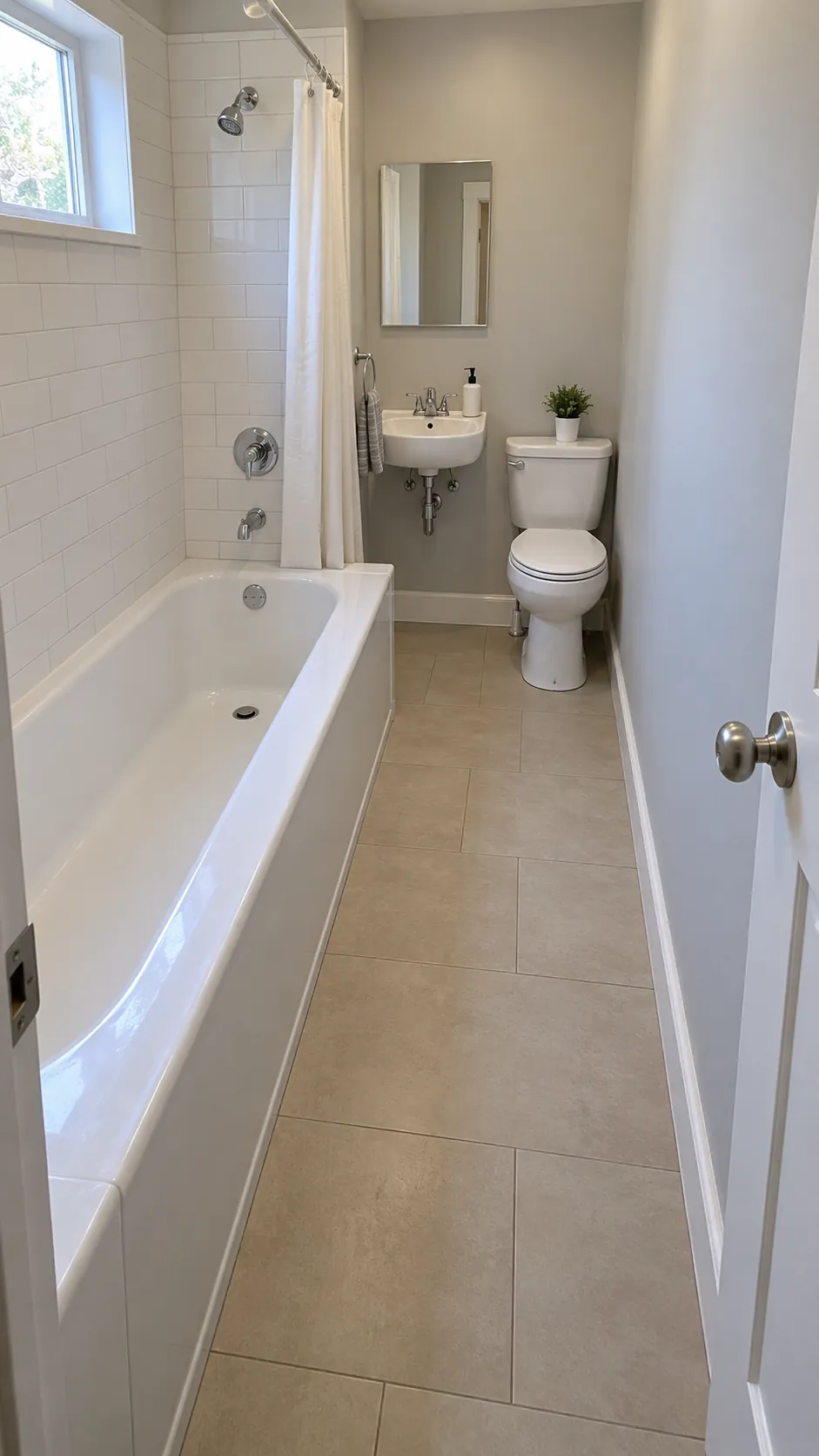 Show a conditional long wall bath arrangement honestly, retaining its sixty inch length while making the narrower passage and front fixture zone visible.