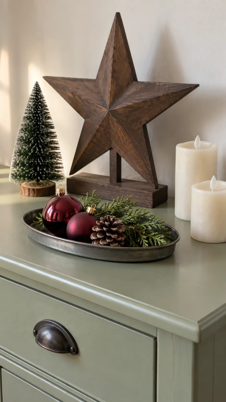 Freestanding star and miniature tree Christmas console arrangement
