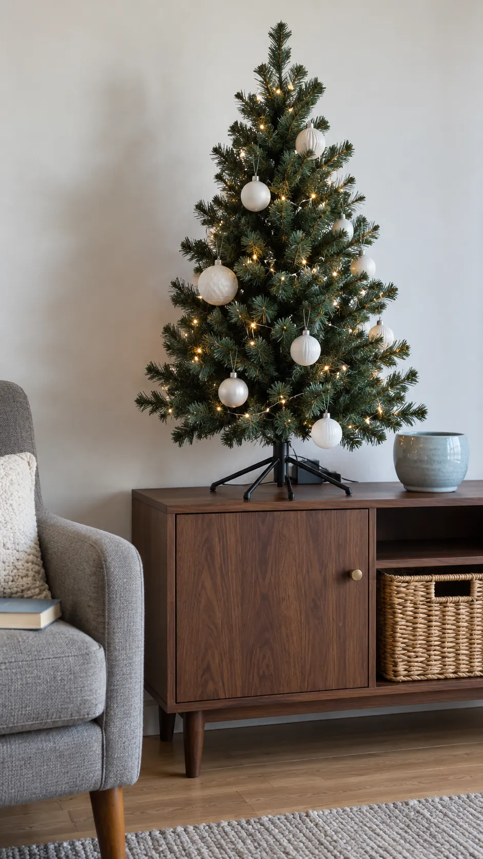 Small Christmas tree on a stable living room cabinet