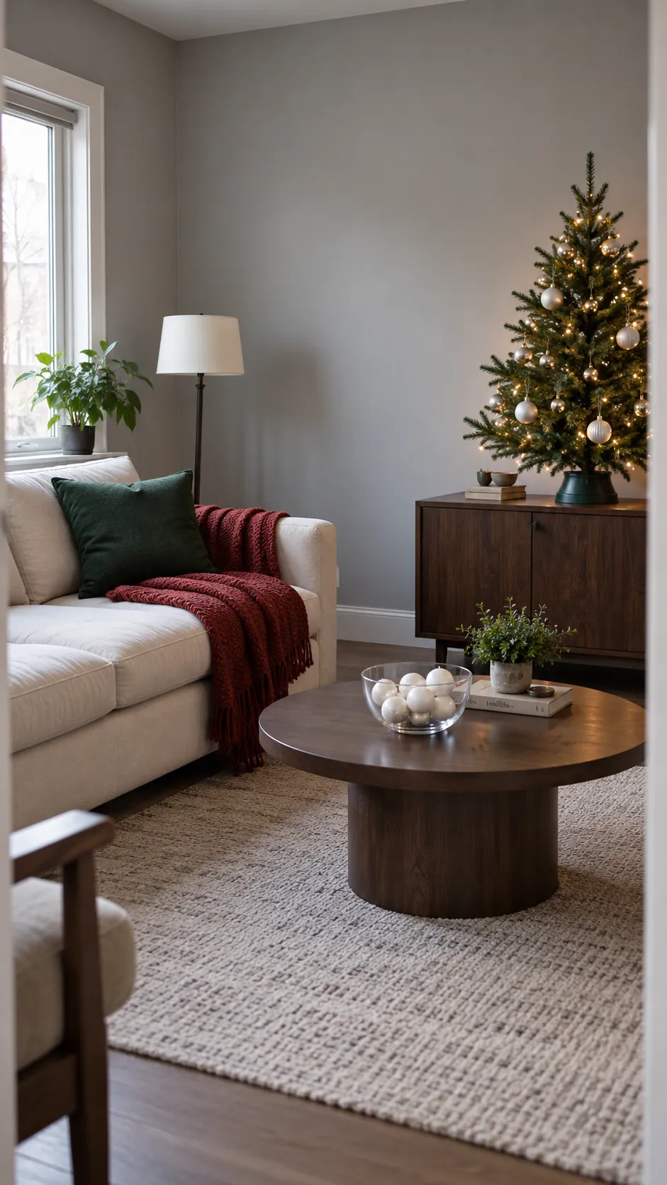 Christmas rental living room with tabletop tree and coordinated textiles beside bare walls