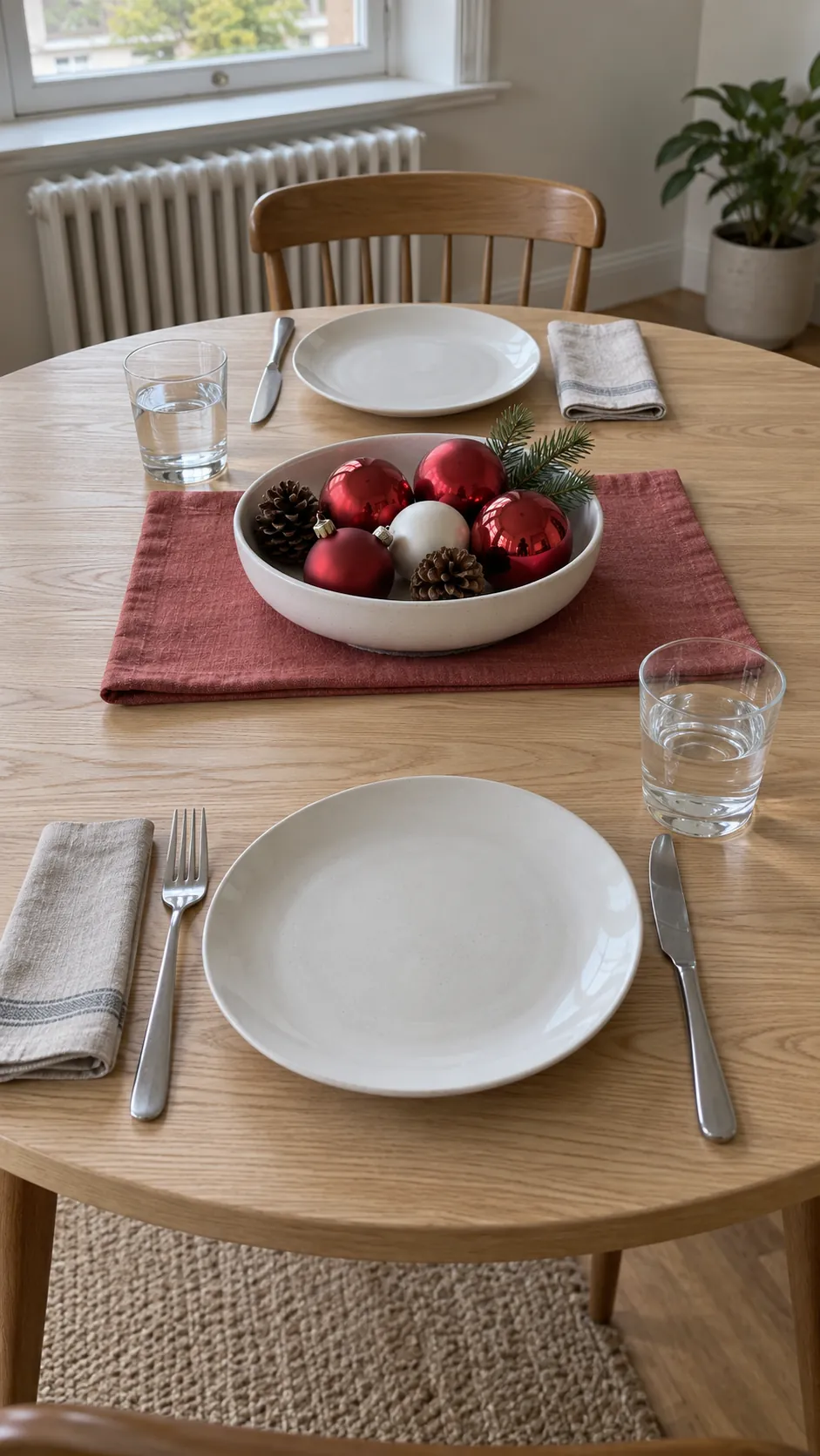Low Christmas centerpiece in a movable dining table tray