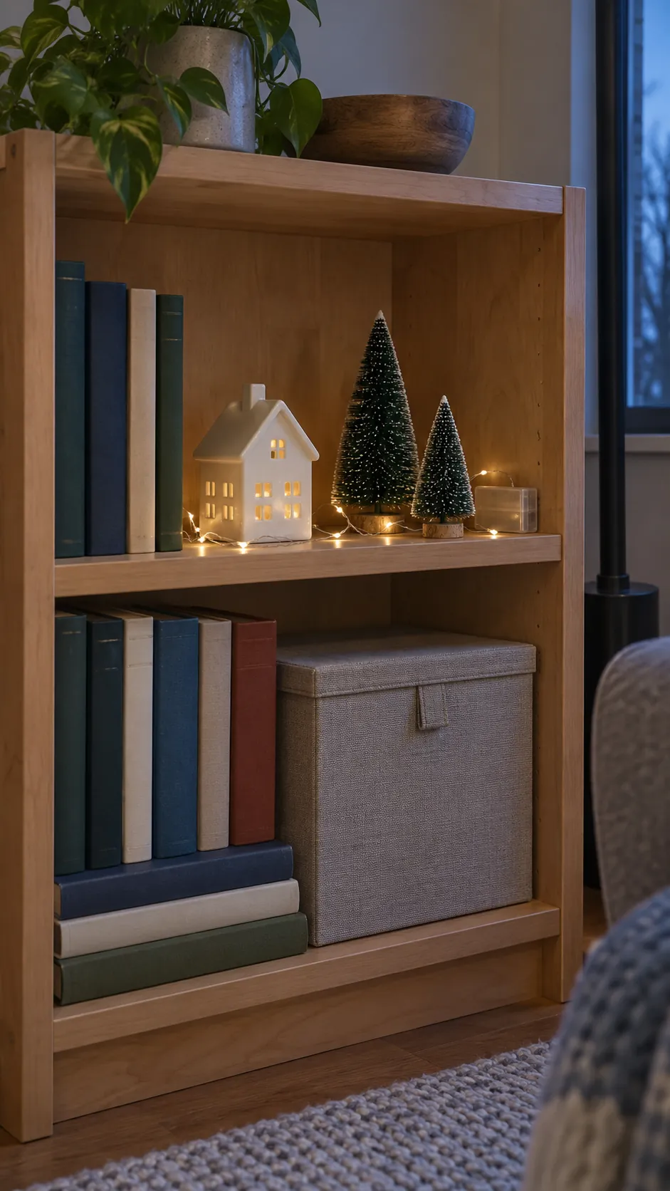 Ceramic Christmas houses arranged on an existing bookcase