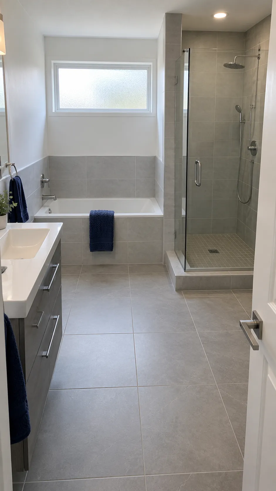 Separate bathtub and shower with a dry approach in a modest bathroom