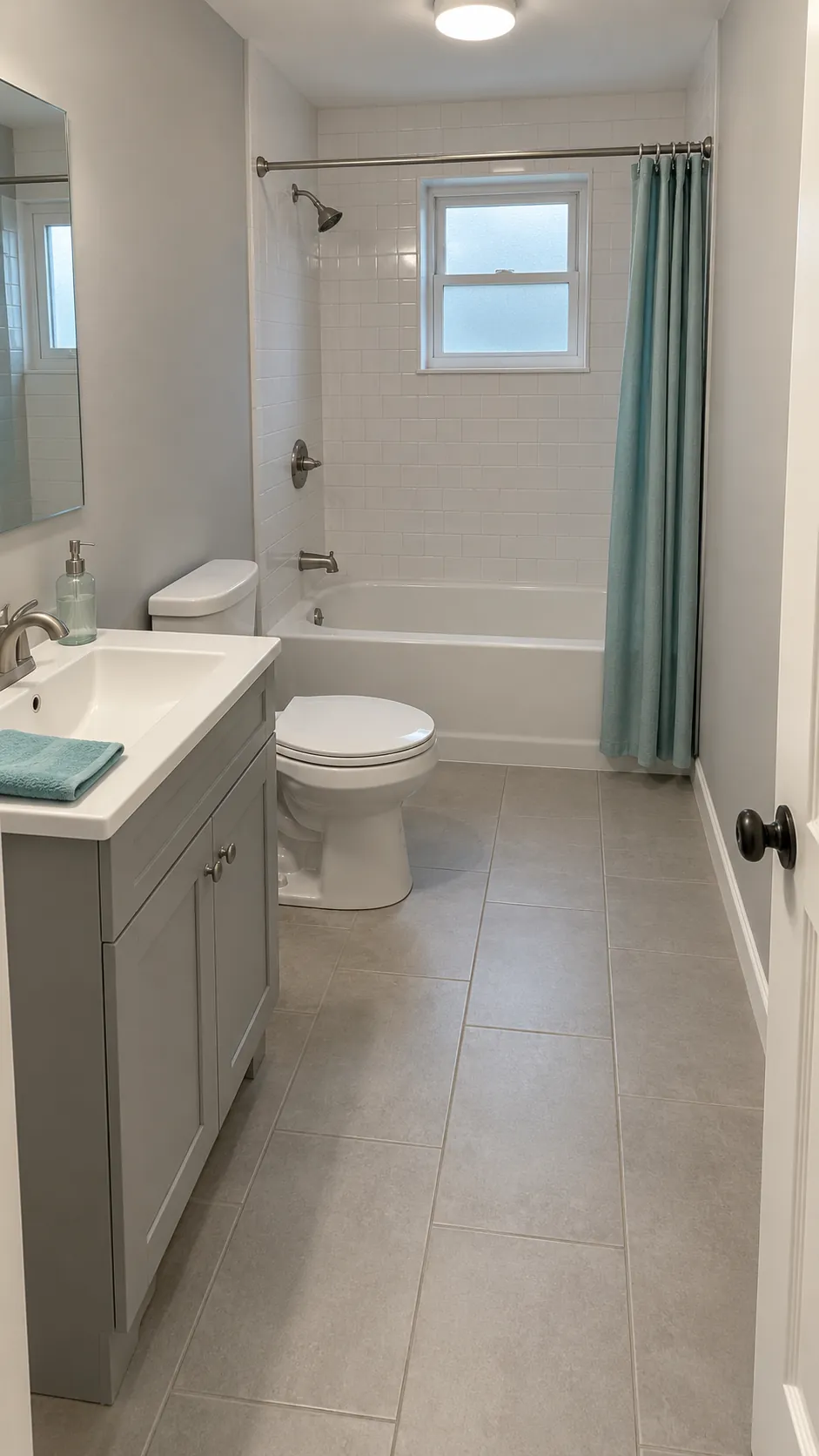 Explain through a real room photograph why combining bathing functions preserves room for the sink, toilet, and the person approaching them. Make the dry circulation the important visible feature.