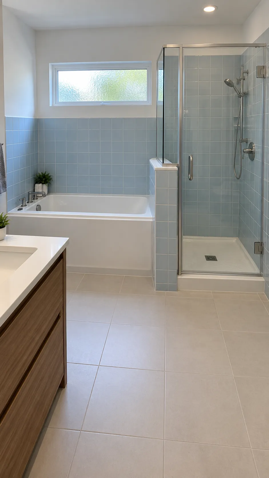 Show two separate bathing footprints in a modest room that is wide enough to contain them, without implying that a narrow standard bathroom can fit the same arrangement.
