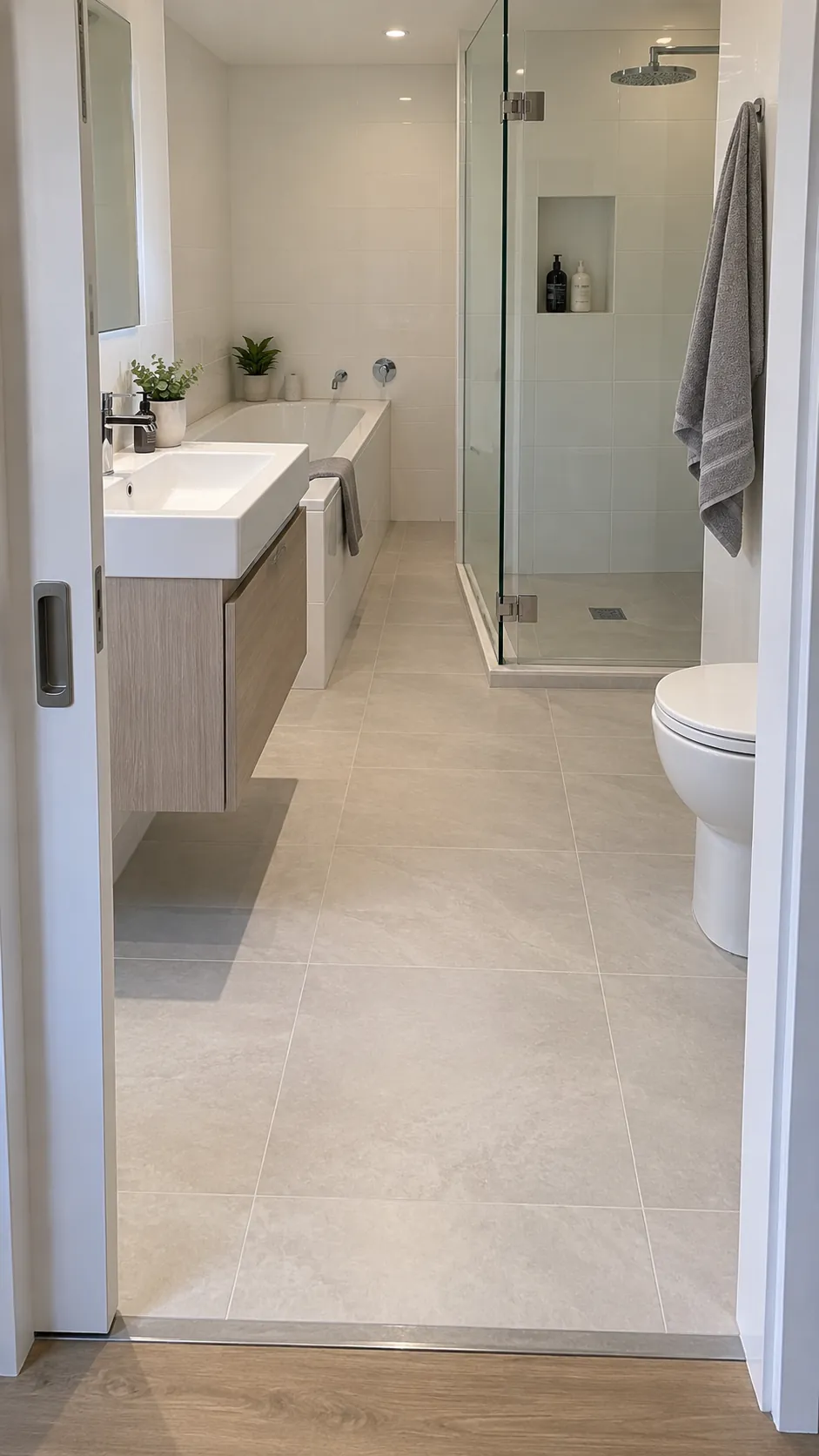 Photograph an entrance and fixture approach where the door, shower opening, and basin can be used without occupying the same small piece of floor.