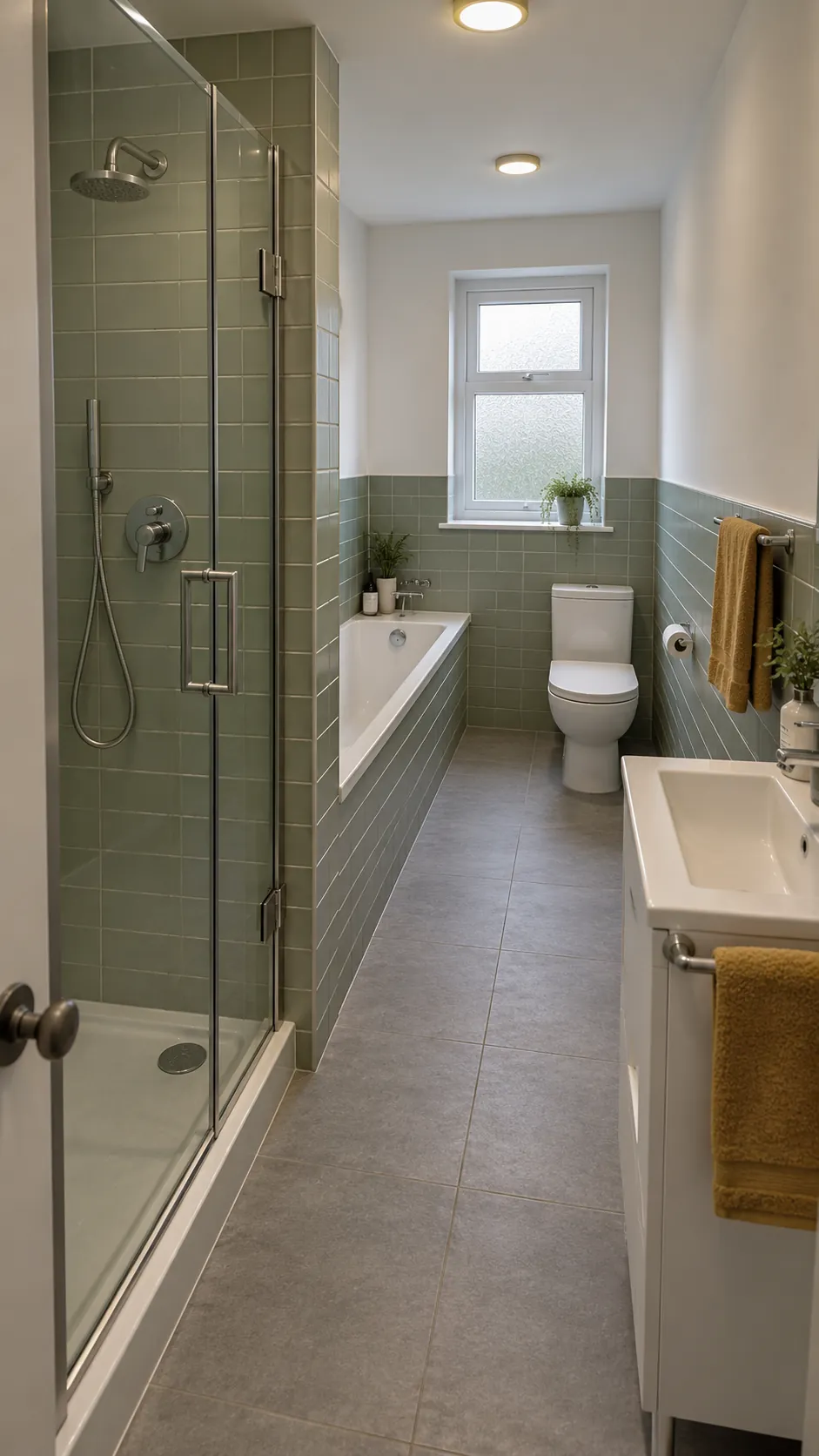 Demonstrate the successive bathing zones possible in a longer small room, with the length itself evident and no suggestion of a square compact footprint.