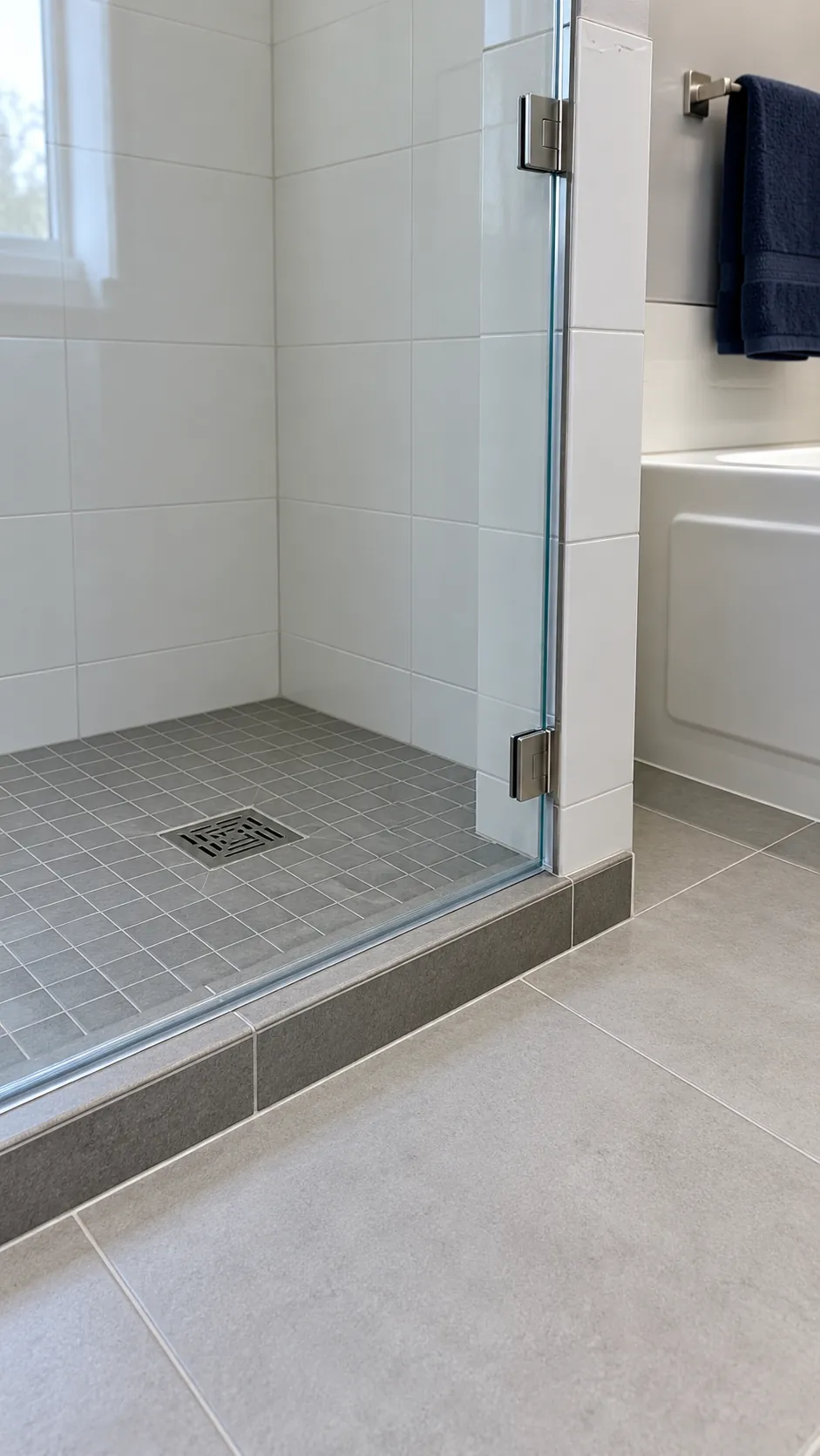 Make shower threshold and drainage details visible as real construction elements, illustrating that a low entrance requires more than the appearance of a glass panel.
