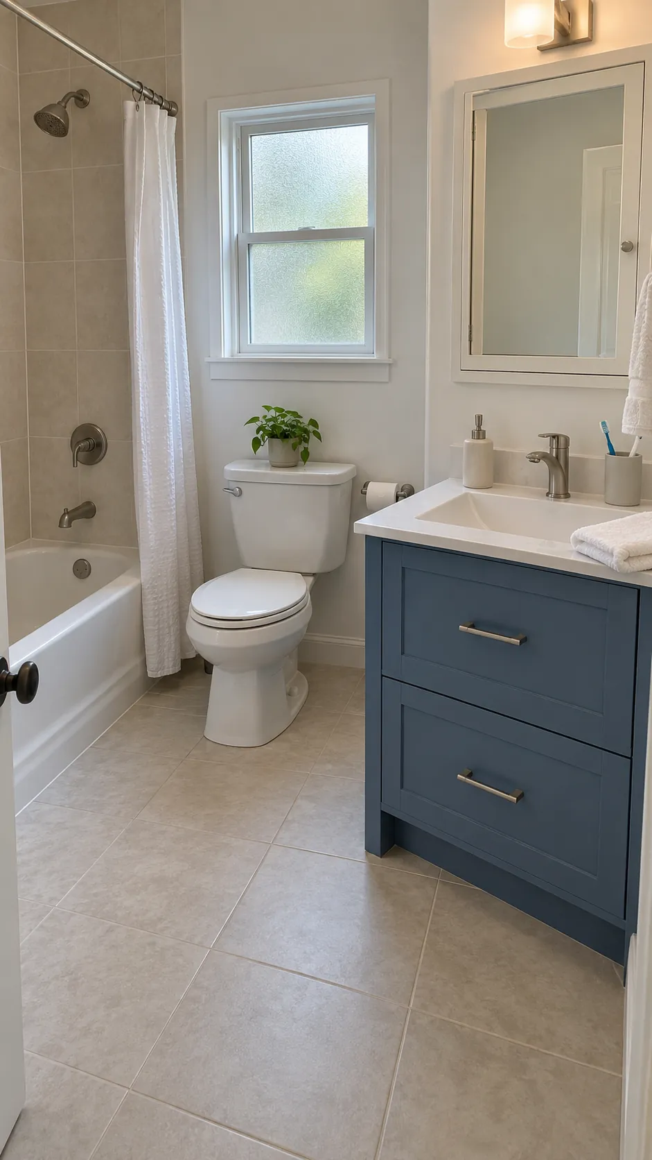 Present the useful fallback of a straightforward tub shower combination in a comfortable modest bathroom, with enough daily storage and movement to make its benefit visible.