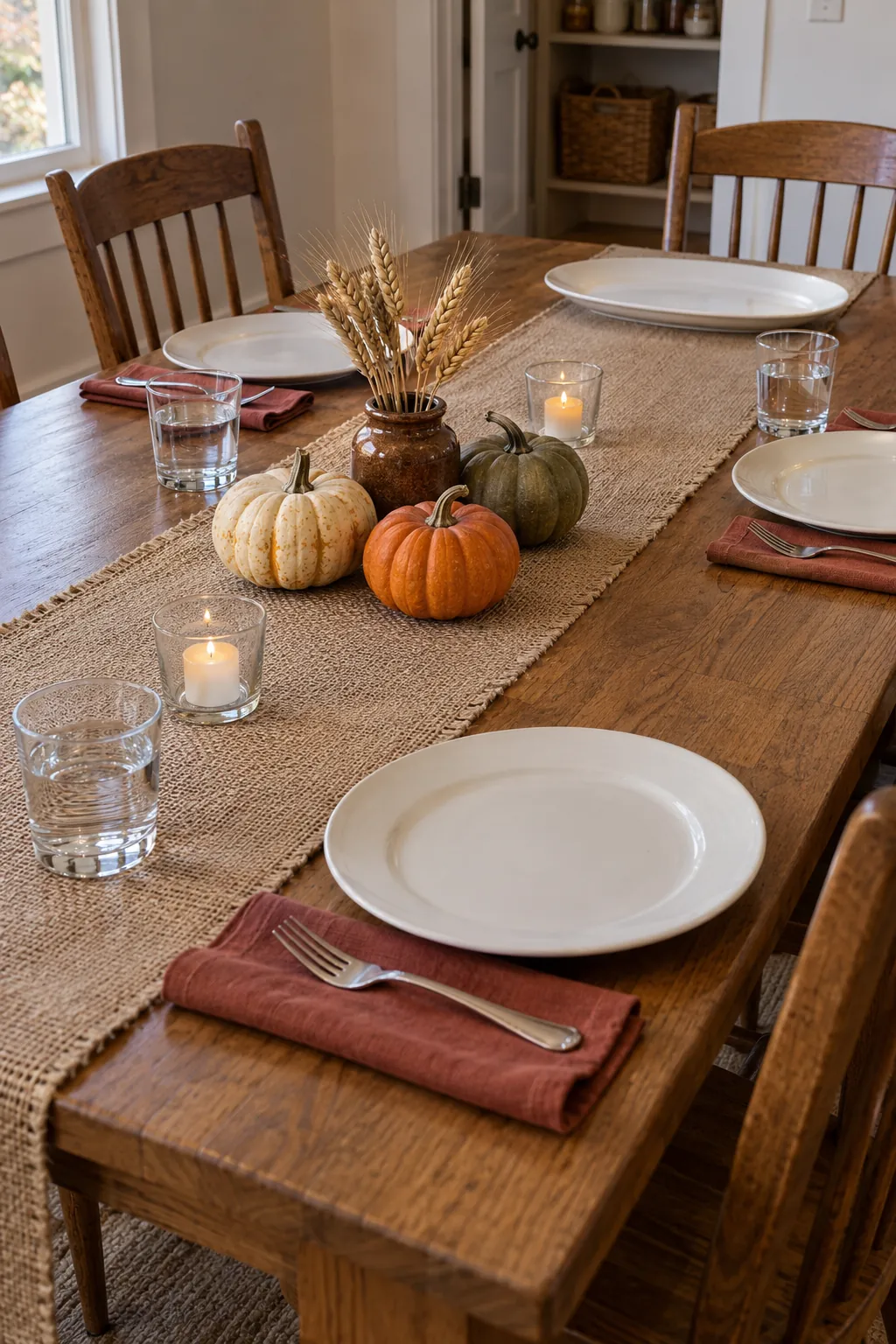 A Thanksgiving dining table with a restrained burlap runner and three small pumpkins, photographed as a useful example of decorating around the space needed for dinner.