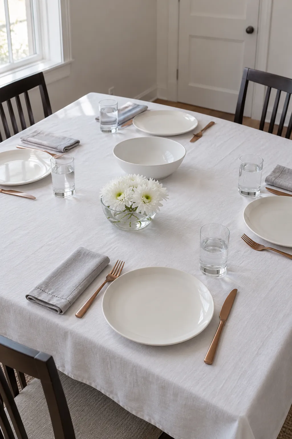 A bright contemporary Thanksgiving setting where white linen and copper utensils supply the design without crowding the table.