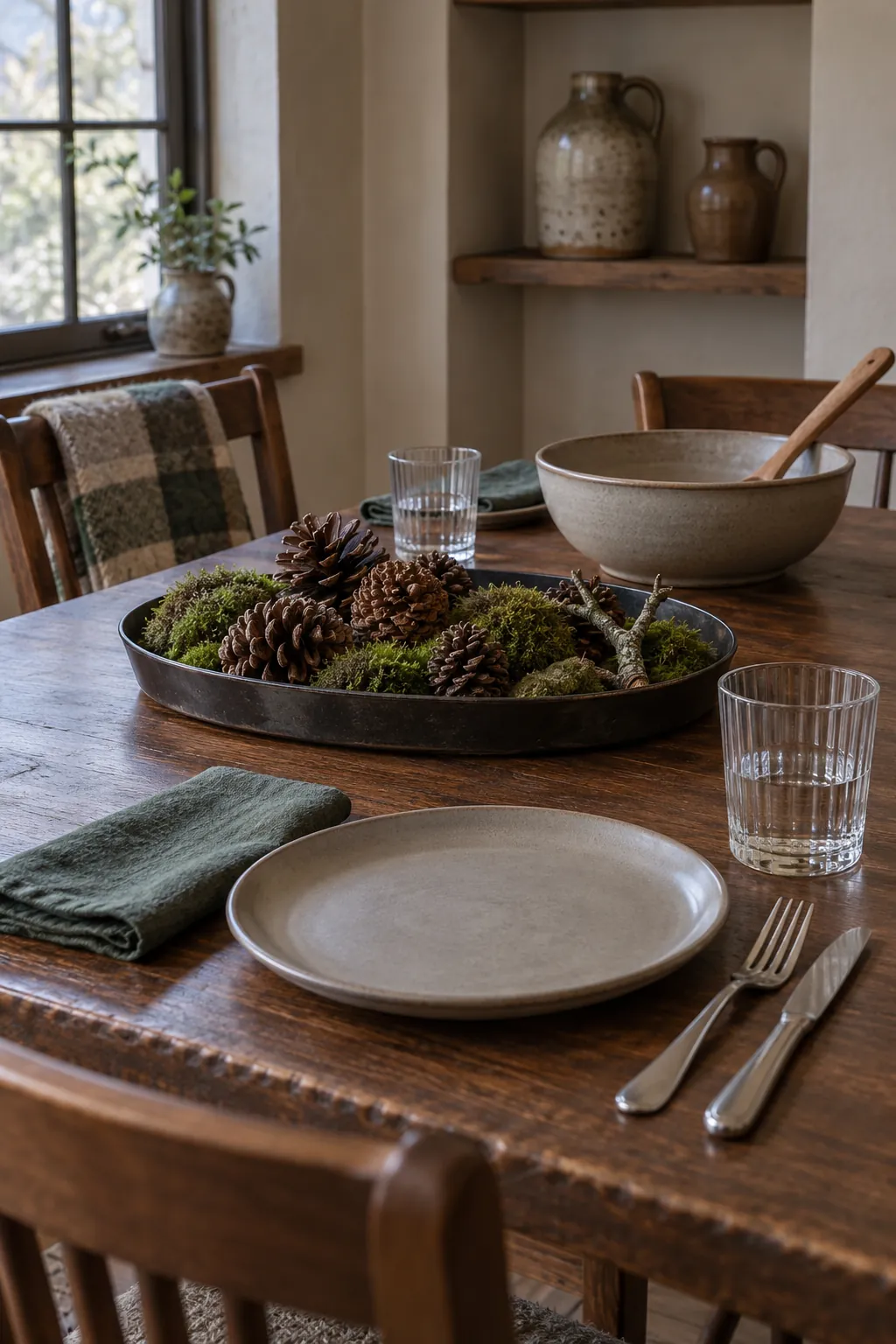 A forest inspired Thanksgiving tray arrangement that keeps pinecones and decorative moss contained away from dinner plates.