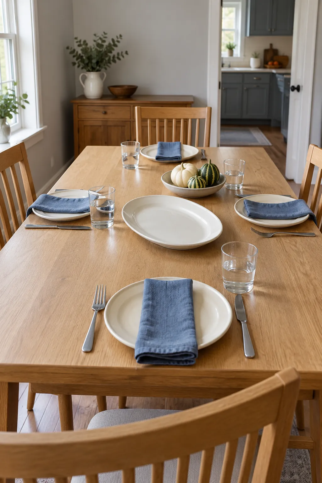 Thanksgiving table with blue napkins and room for serving dishes