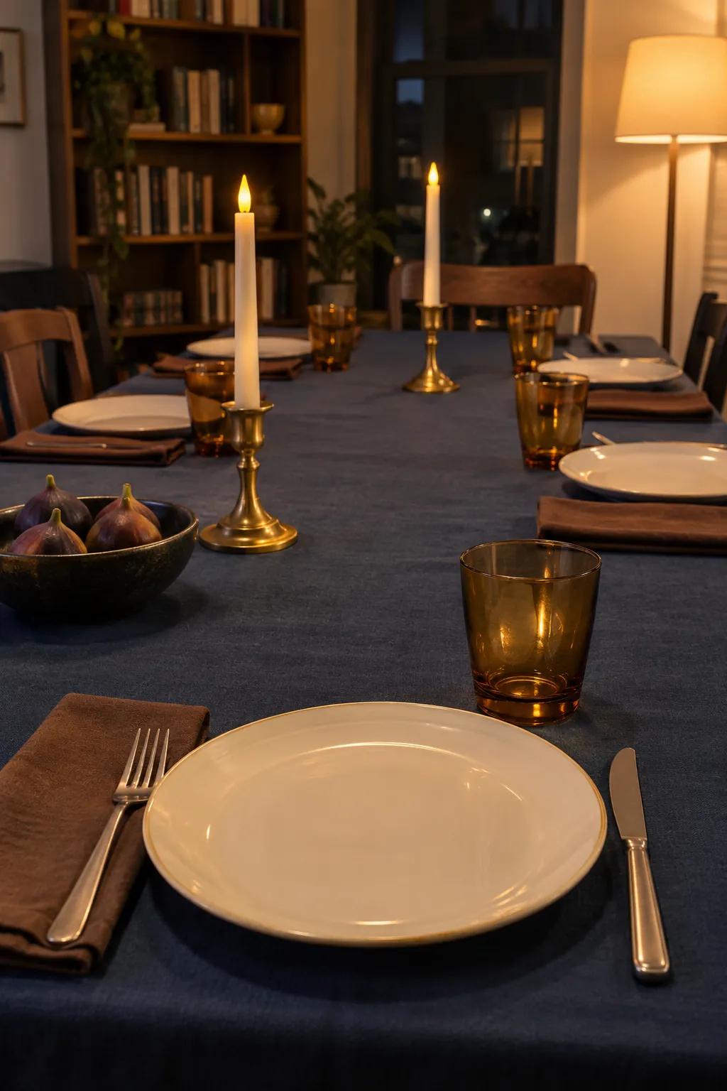 An evening Friendsgiving table using amber water glasses and two safe, restrained brass lights while retaining enough room for dinner.