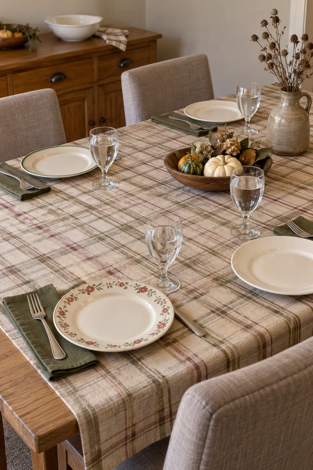 A Thanksgiving table where muted plaid connects a small collection of different food safe plates without making the setting visually busy.