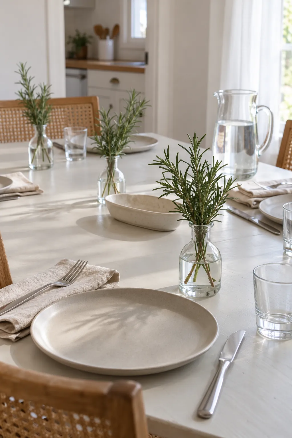 A simple Thanksgiving table with small rosemary bud vases separated by open spaces for dishes, showing greenery as a modest usable accent.