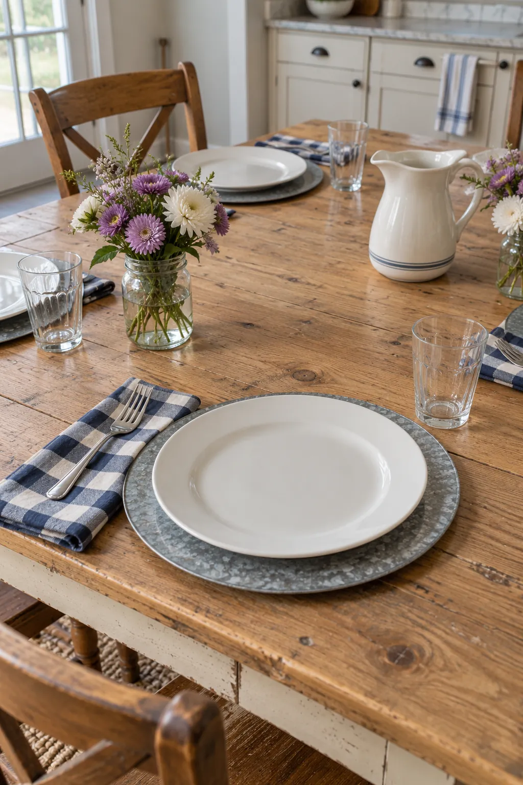 A casual farmhouse Thanksgiving place setting built from decorative galvanized chargers, proper white dinner plates, and checked napkins.