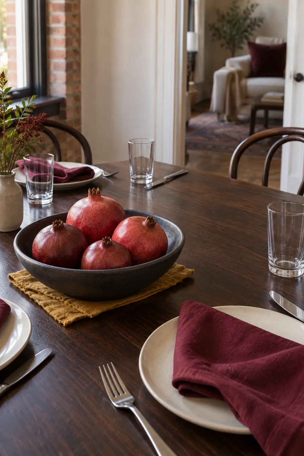 A richly colored Thanksgiving table built around burgundy napkins and whole pomegranates, with an uncluttered working arrangement.
