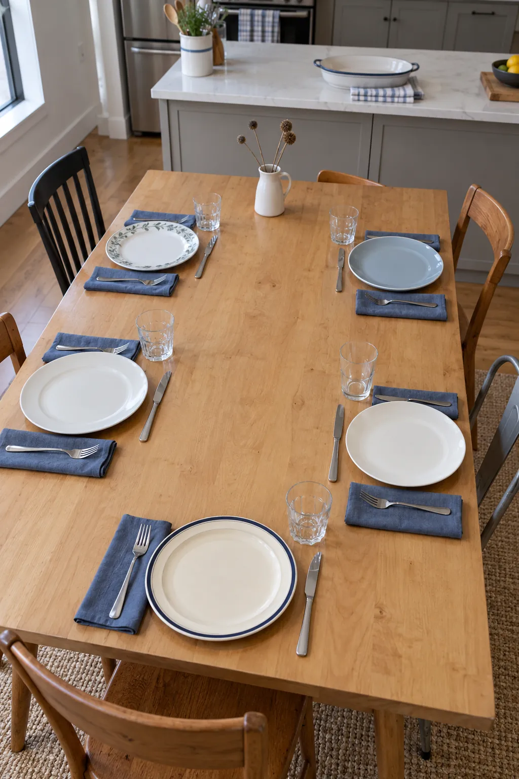 A relaxed Friendsgiving setting where borrowed dinnerware is connected by one repeated blue napkin color.