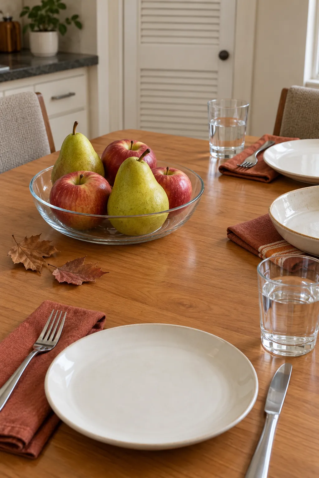 A Thanksgiving centerpiece made from intact pears and apples in one shallow bowl that can be lifted away for dinner.