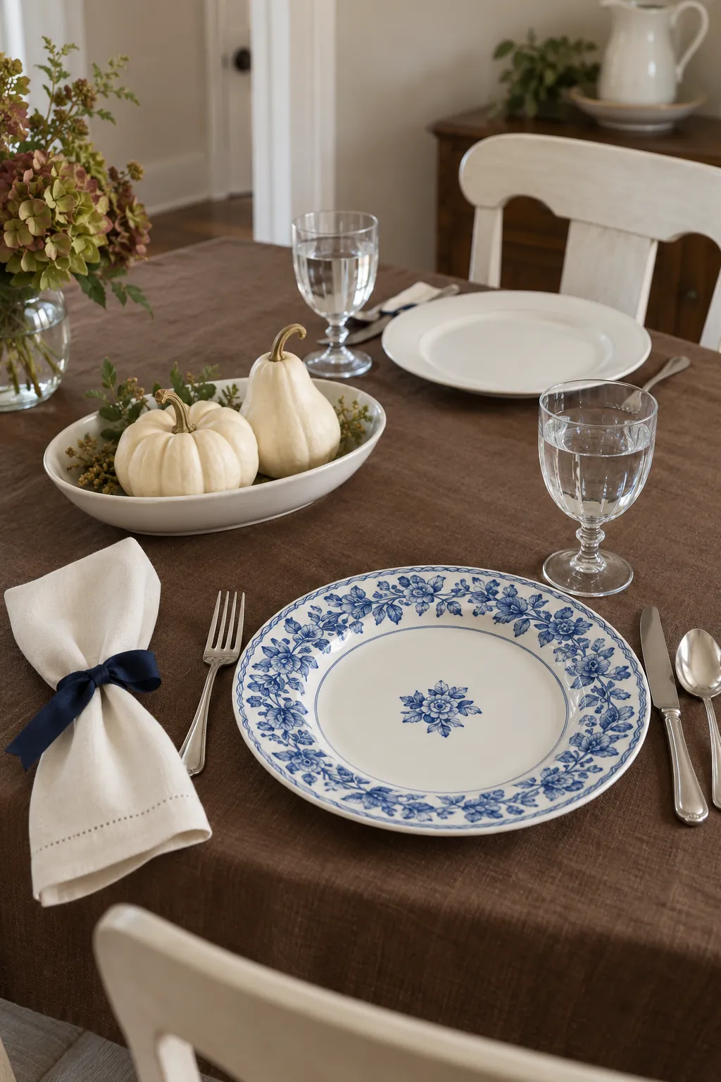 A Thanksgiving place setting pairing blue transferware with ivory gourds and a restrained brown cloth.
