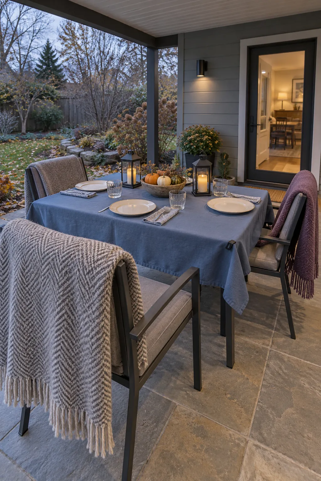 A sheltered outdoor Thanksgiving table with useful chair throws, stable tableware, and battery lanterns under an existing covered patio.