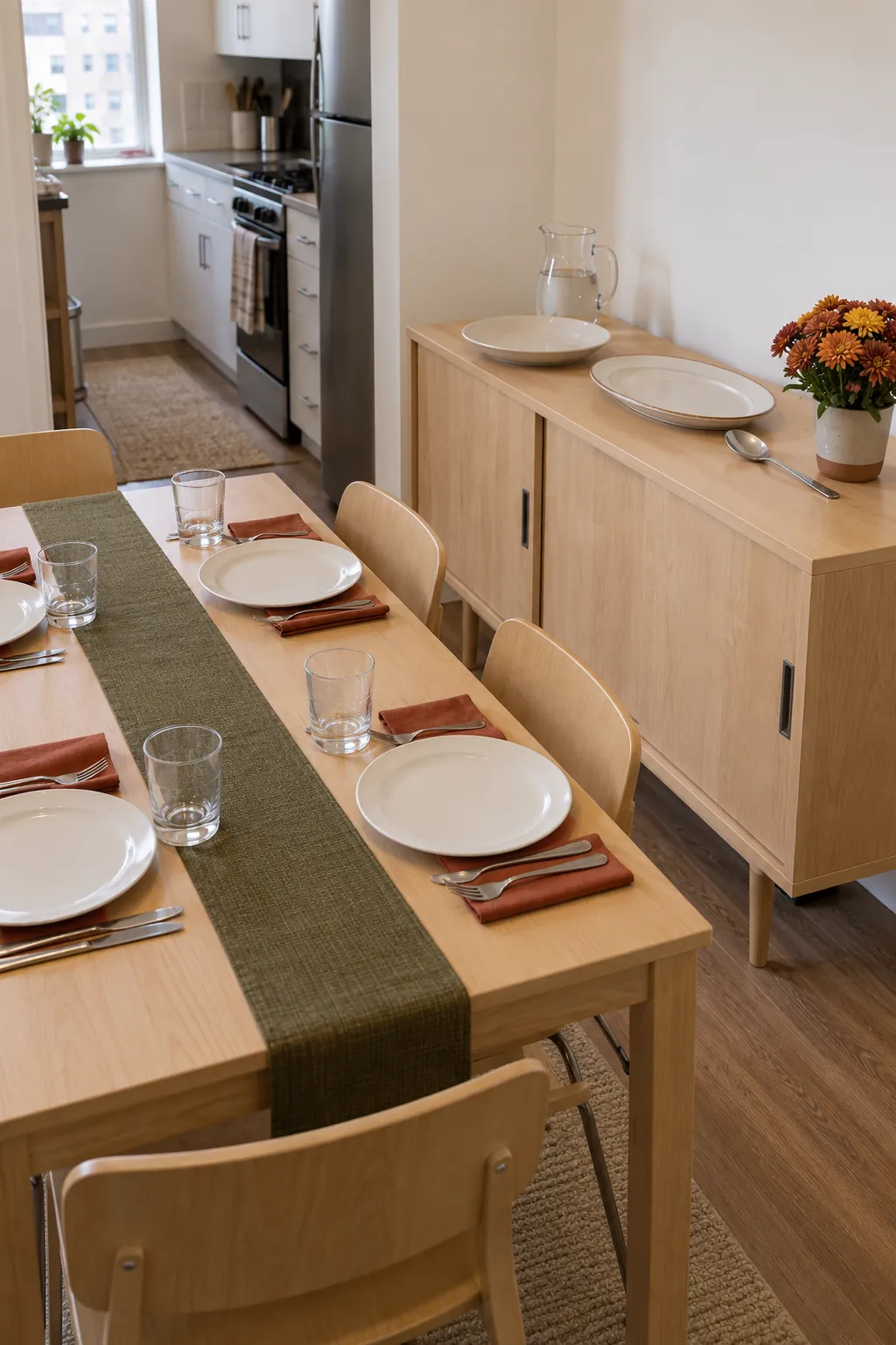 A small apartment Thanksgiving arrangement using a slim table with a narrow runner and a separate side buffet for serving space.