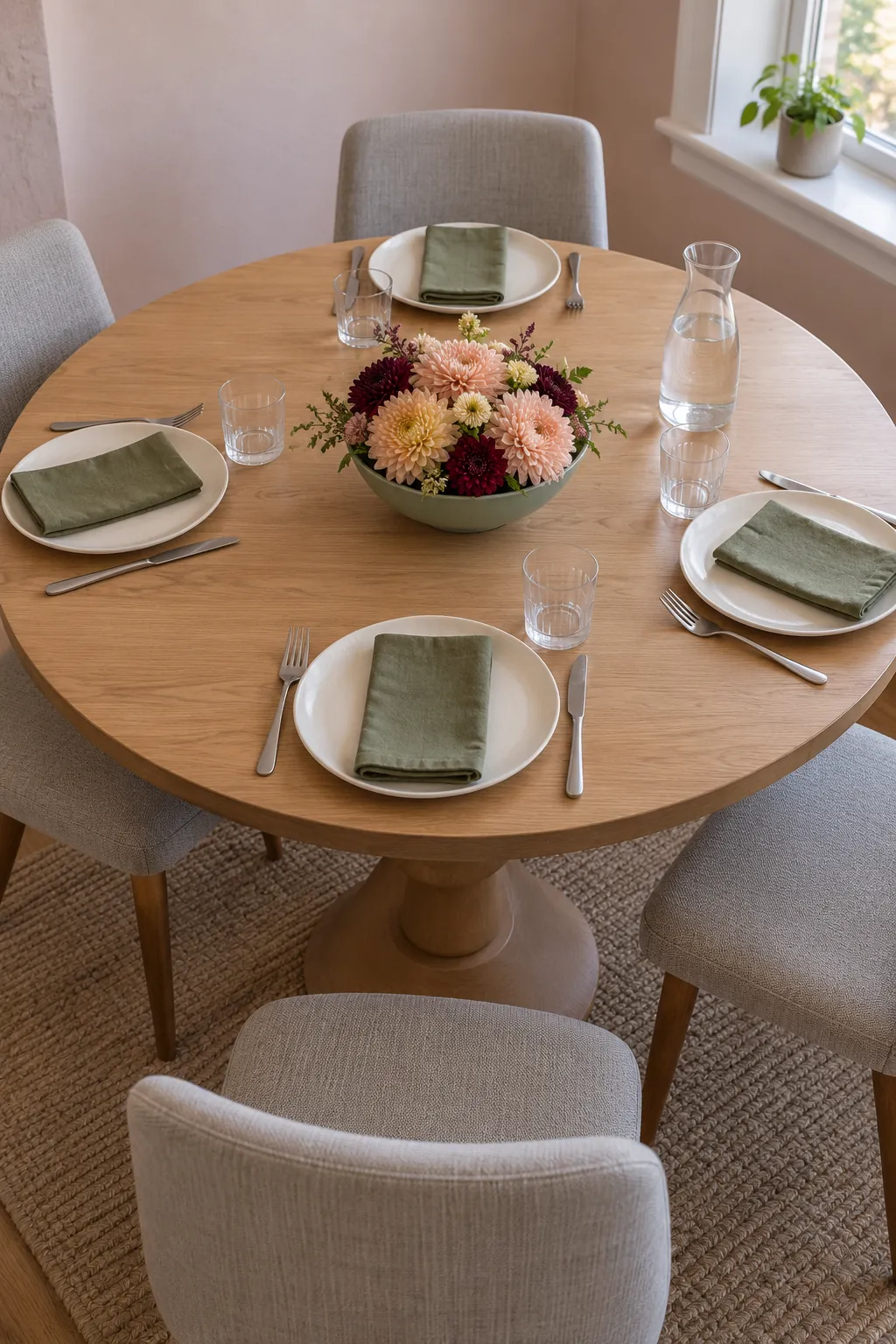 A round Thanksgiving table with a single compact flower island and comfortable spacing around the outer place settings.