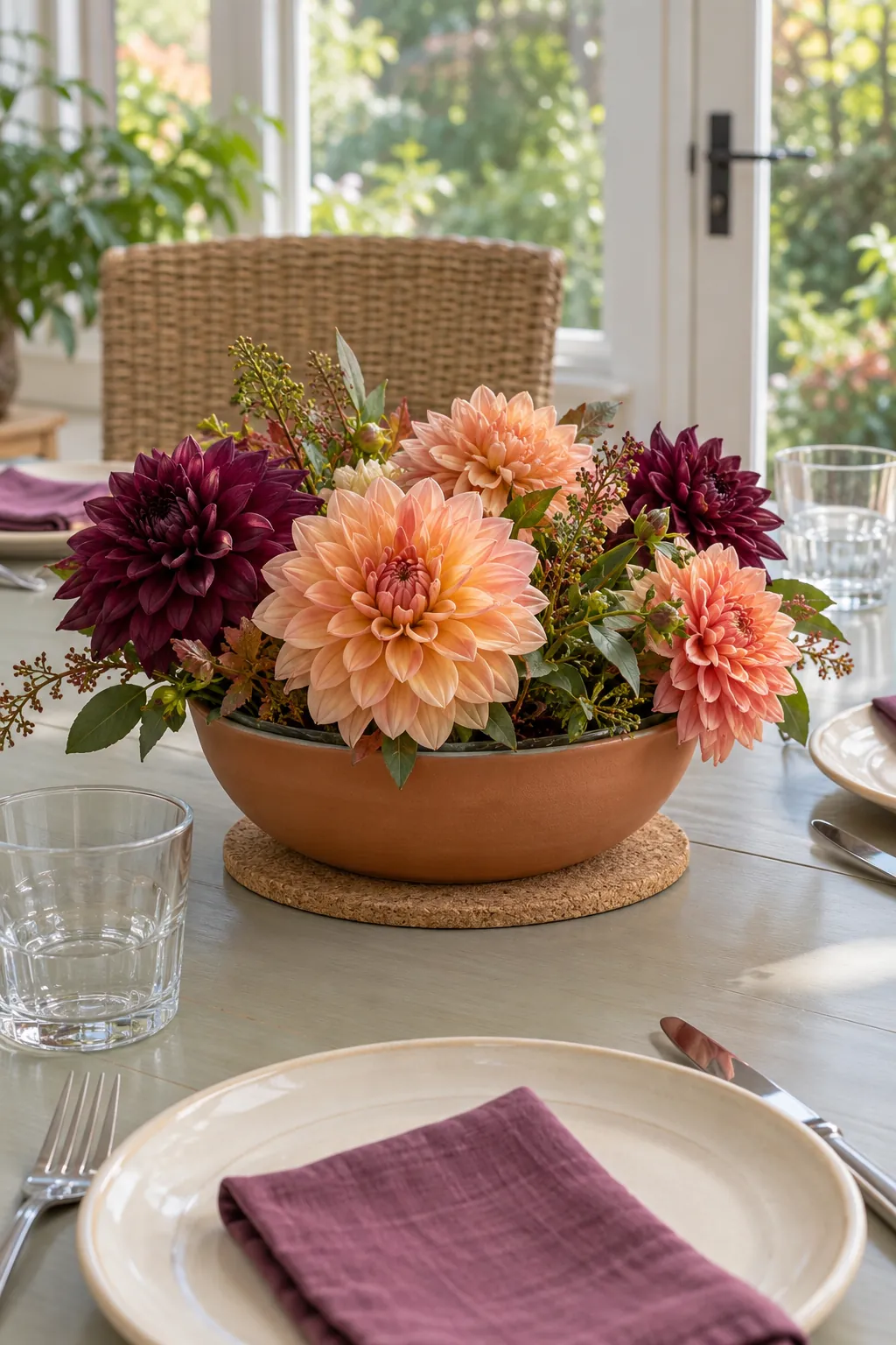 A Thanksgiving flower arrangement with low peach and plum dahlias in a terracotta toned bowl, placed on a protective coaster.