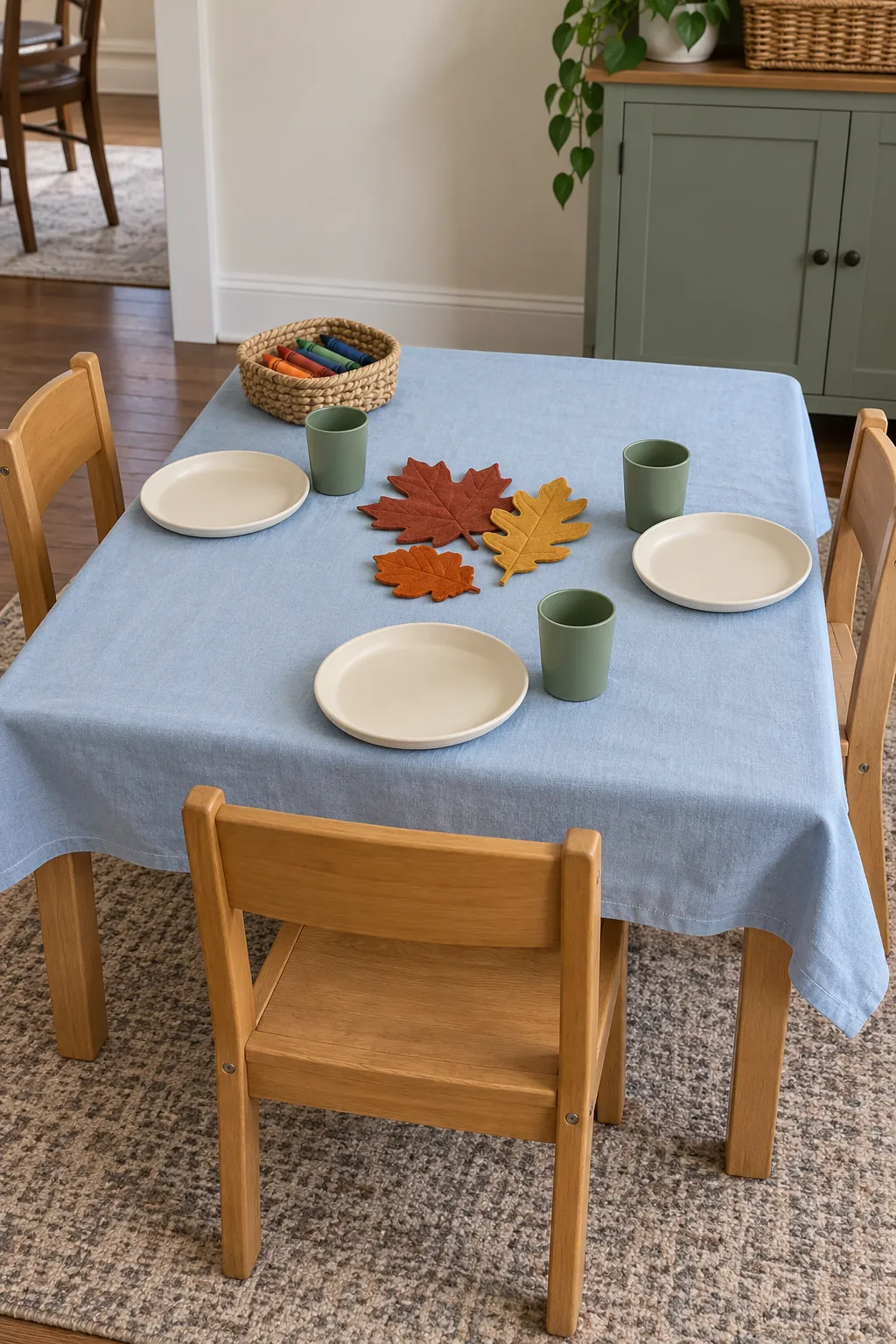 A practical children’s Thanksgiving table with washable fabric, sturdy cups, and a few large felt leaves rather than tiny loose decorations.